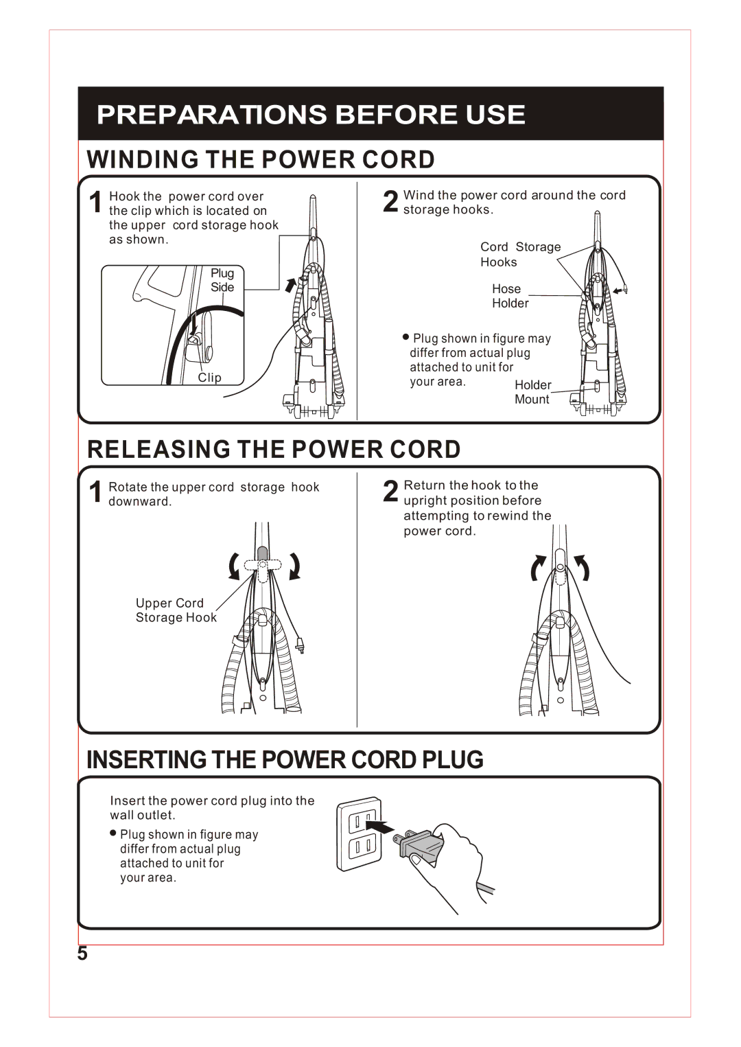 Sanyo SC-X90 instruction manual Winding the Power Cord, Releasing the Power Cord, Inserting the Power Cord Plug 