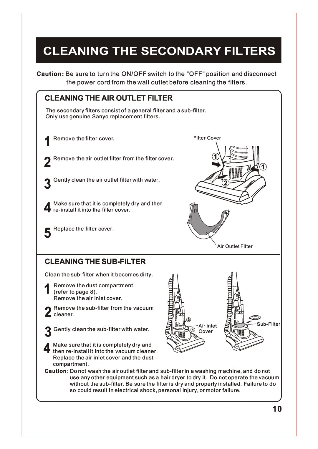 Sanyo SC-X90 instruction manual Cleaning The Secondary Filters, Cleaning The Air Outlet Filter, Cleaning The Sub-Filter 
