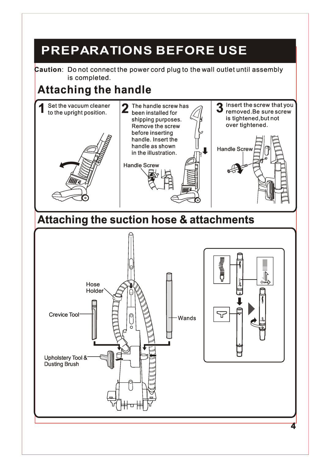 Sanyo SC-X90 Preparations Before Use, Attaching the handle, Attaching the suction hose & attachments, is completed 