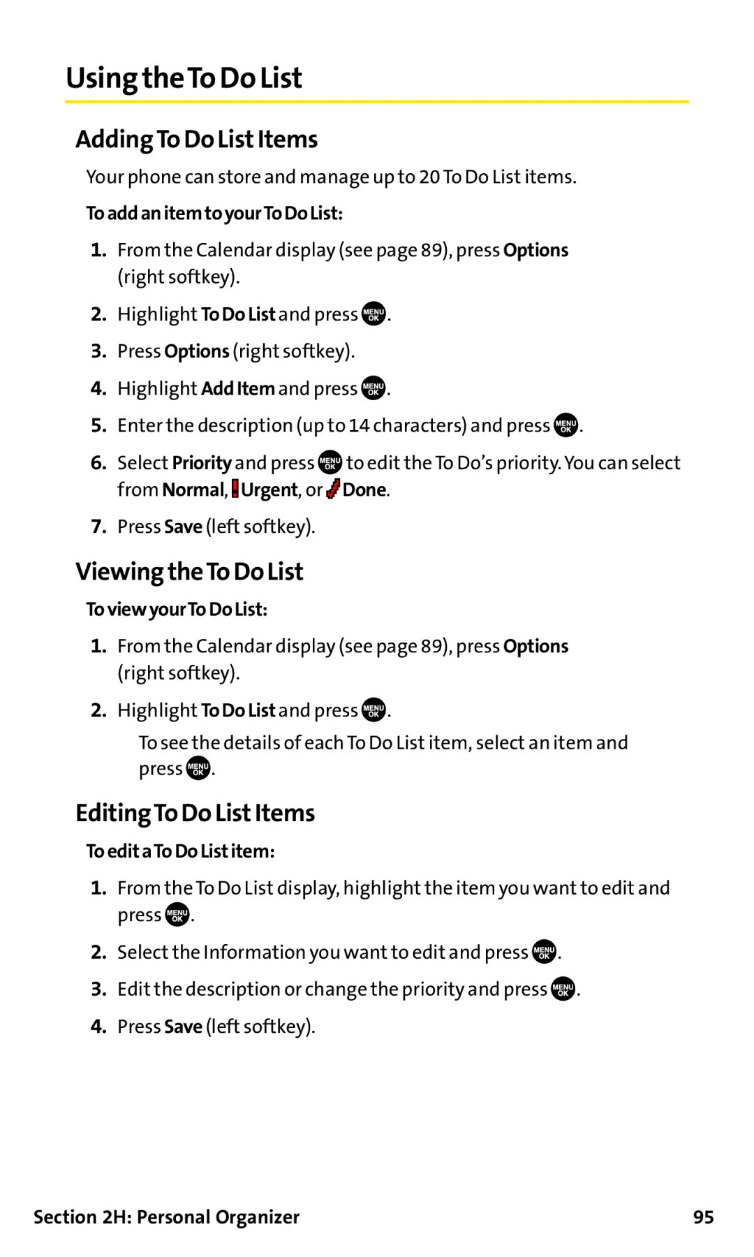 Sanyo SCP-200 manual Using theTo Do List, AddingTo DoListItems, ViewingtheTo Do List, EditingTo Do ListItems 