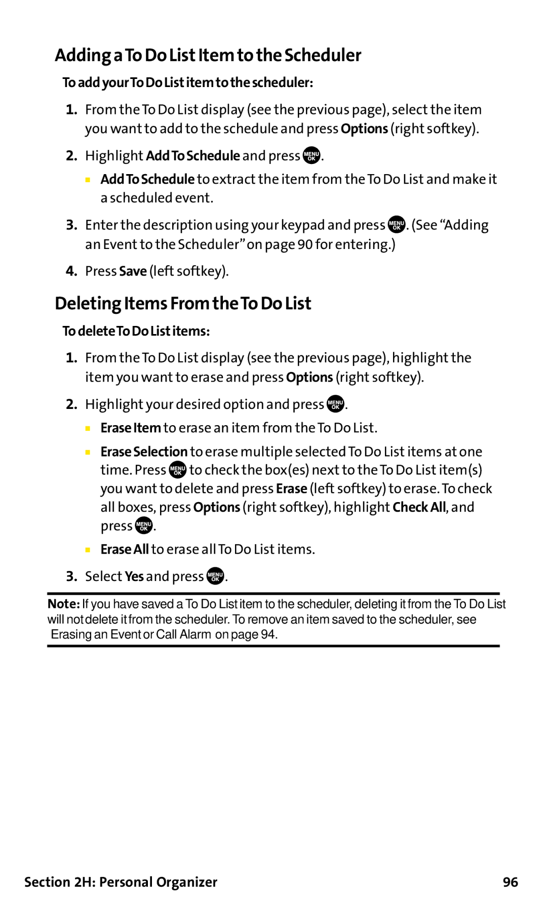 Sanyo SCP-200 manual AddingaTo Do ListItem to the Scheduler, DeletingItems From theTo Do List, TodeleteToDoListitems 