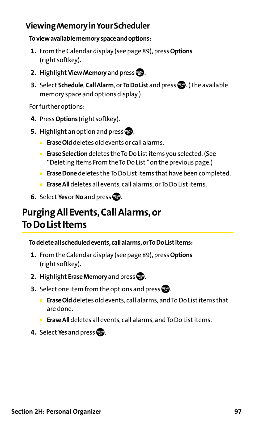 Sanyo SCP-200 manual Purging All Events, Call Alarms, or To Do ListItems, Viewing MemoryinYour Scheduler 