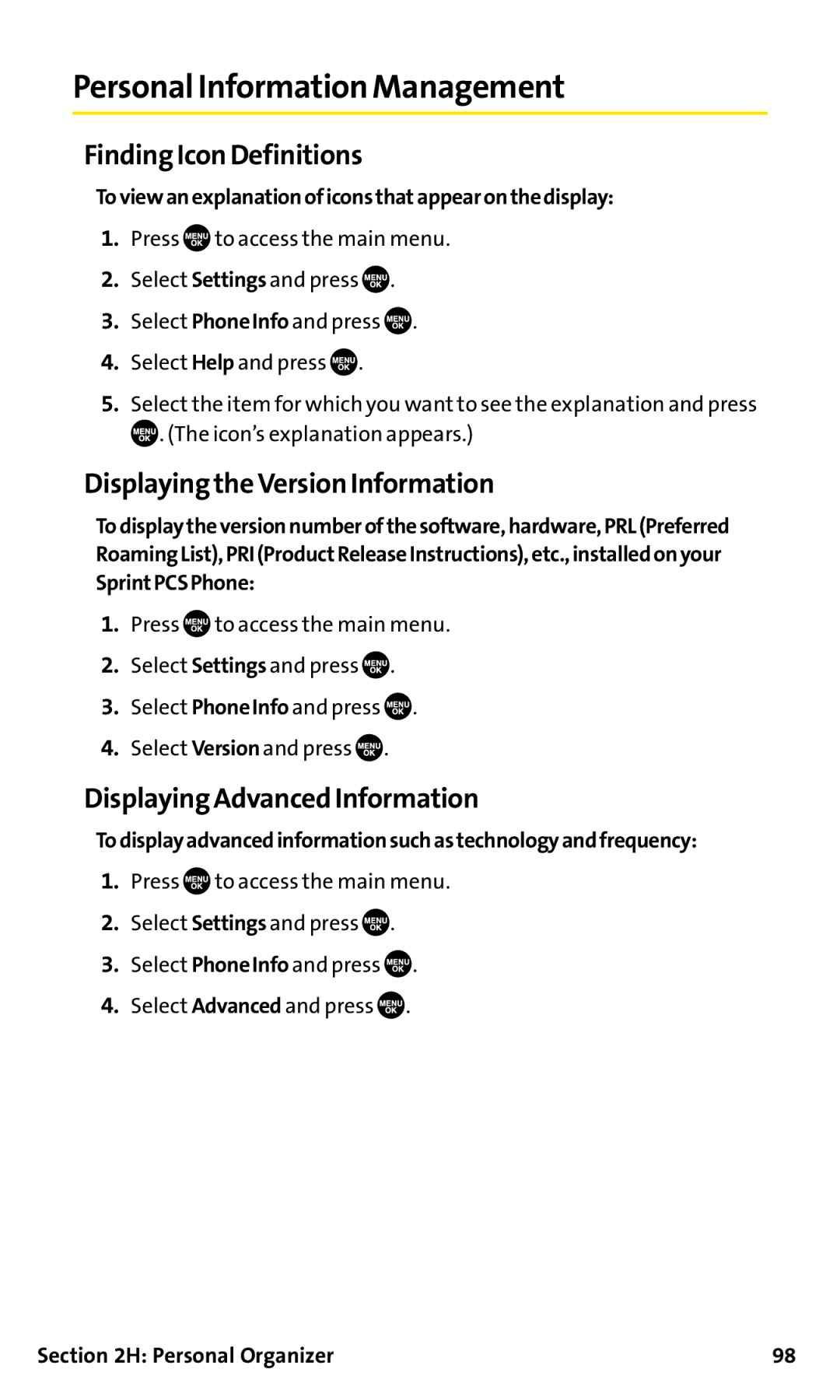 Sanyo SCP-200 manual Personal Information Management, Finding Icon Definitions, Displaying the VersionInformation 