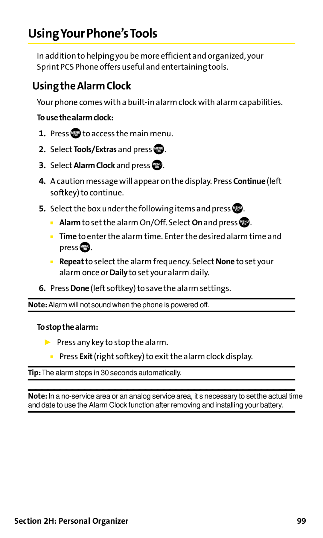 Sanyo SCP-200 manual UsingYour Phone’sTools, Using the Alarm Clock, Tousethealarmclock, Tostopthealarm 