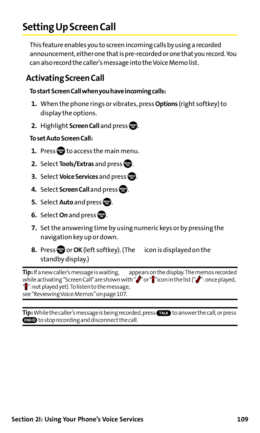 Sanyo SCP-200 manual Setting Up Screen Call, Activating Screen Call, TostartScreenCallwhenyouhaveincomingcalls 