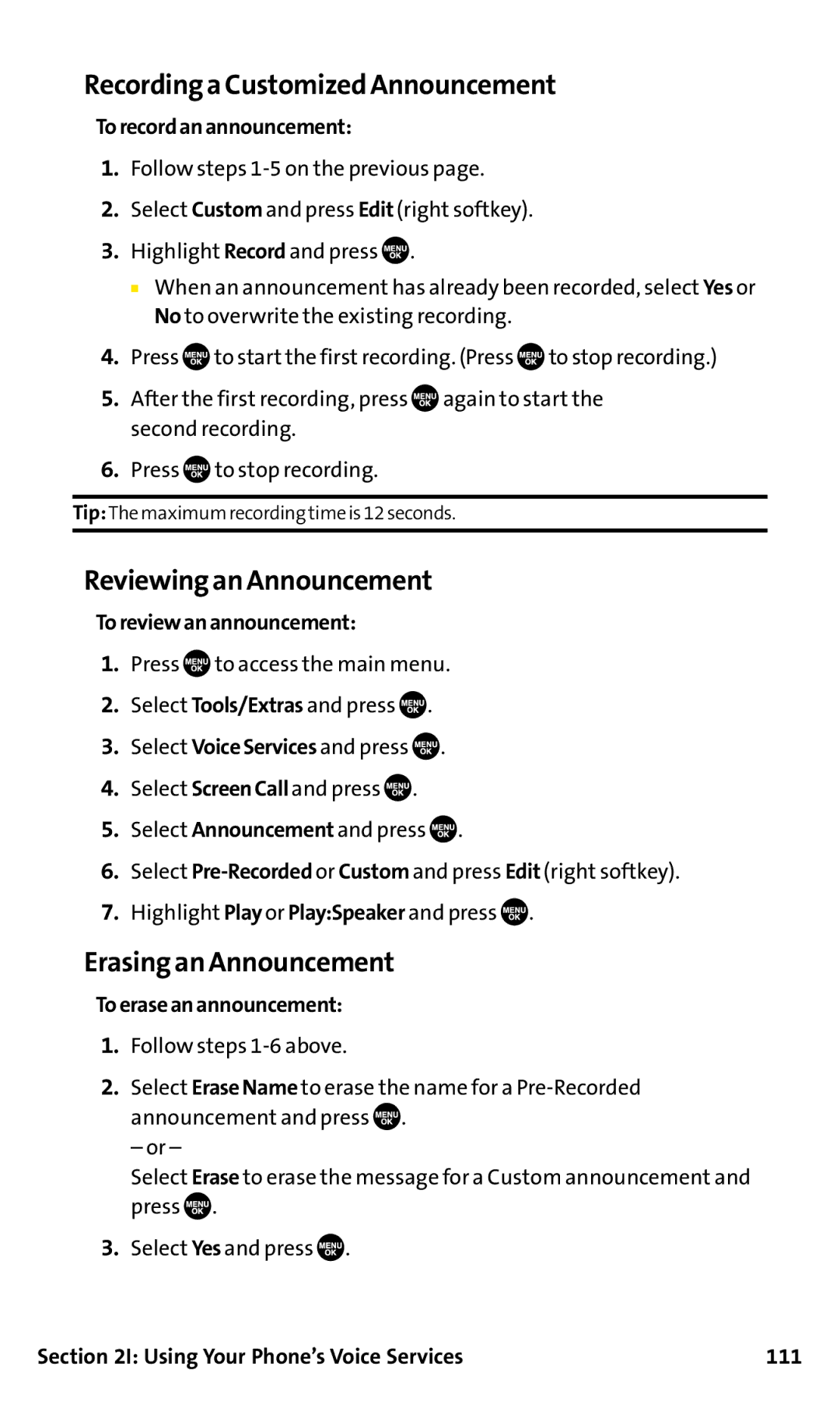 Sanyo SCP-200 manual Recording a Customized Announcement, Reviewing an Announcement, Erasing an Announcement 