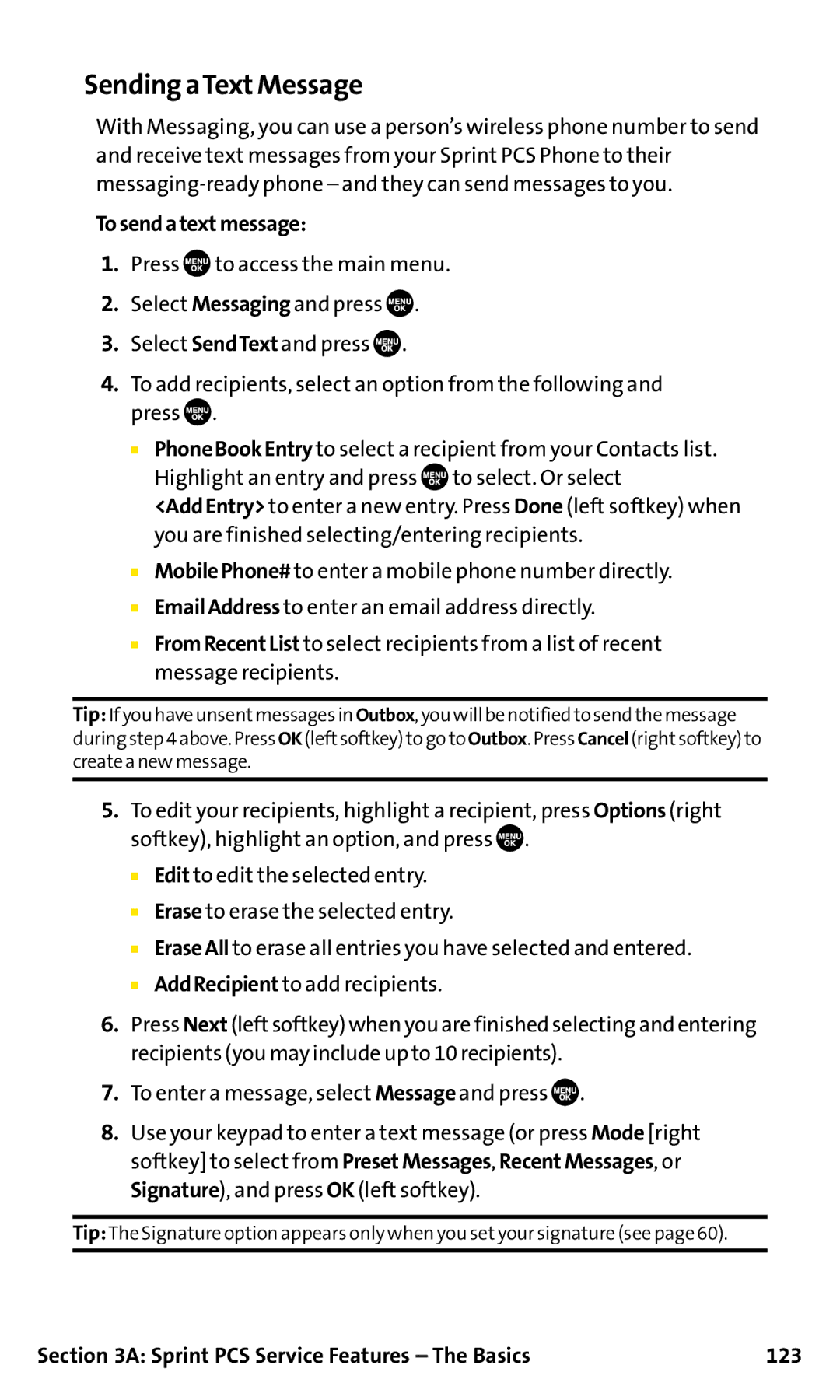 Sanyo SCP-200 manual Sending aTextMessage, Tosendatextmessage, Sprint PCS Service Features The Basics 123 