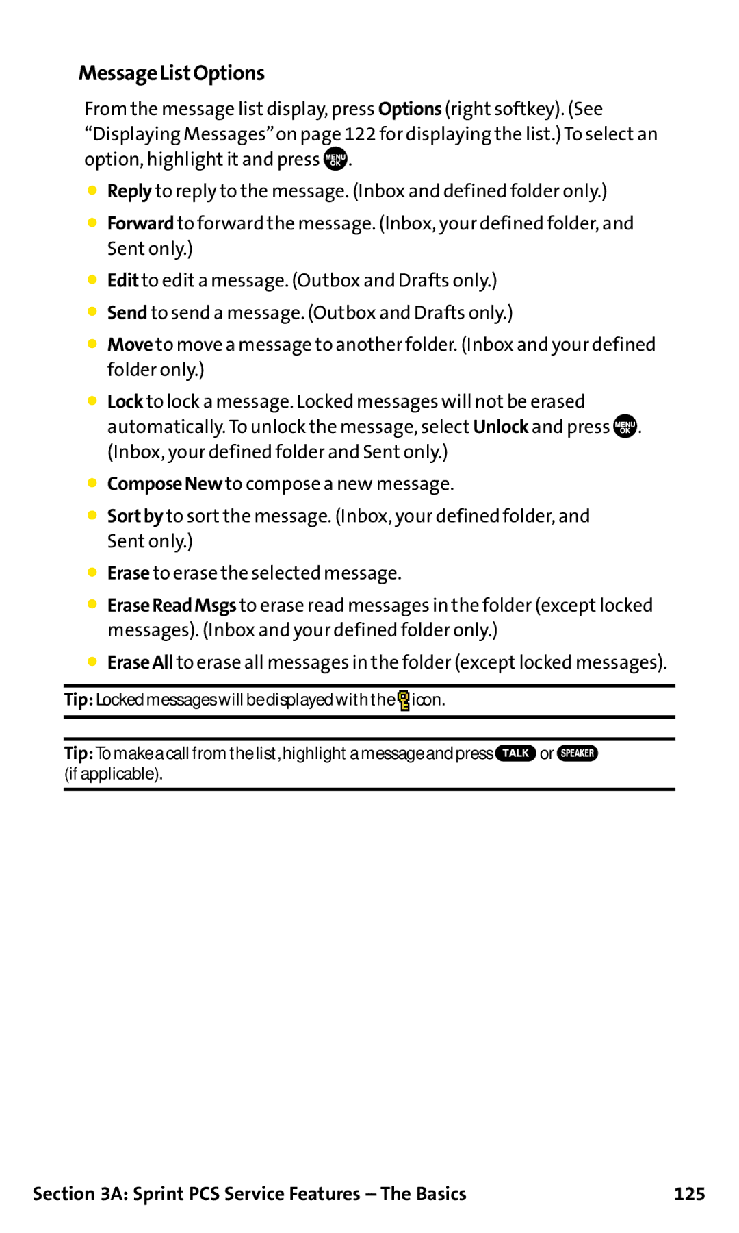 Sanyo SCP-200 manual MessageListOptions, Sprint PCS Service Features The Basics 125 