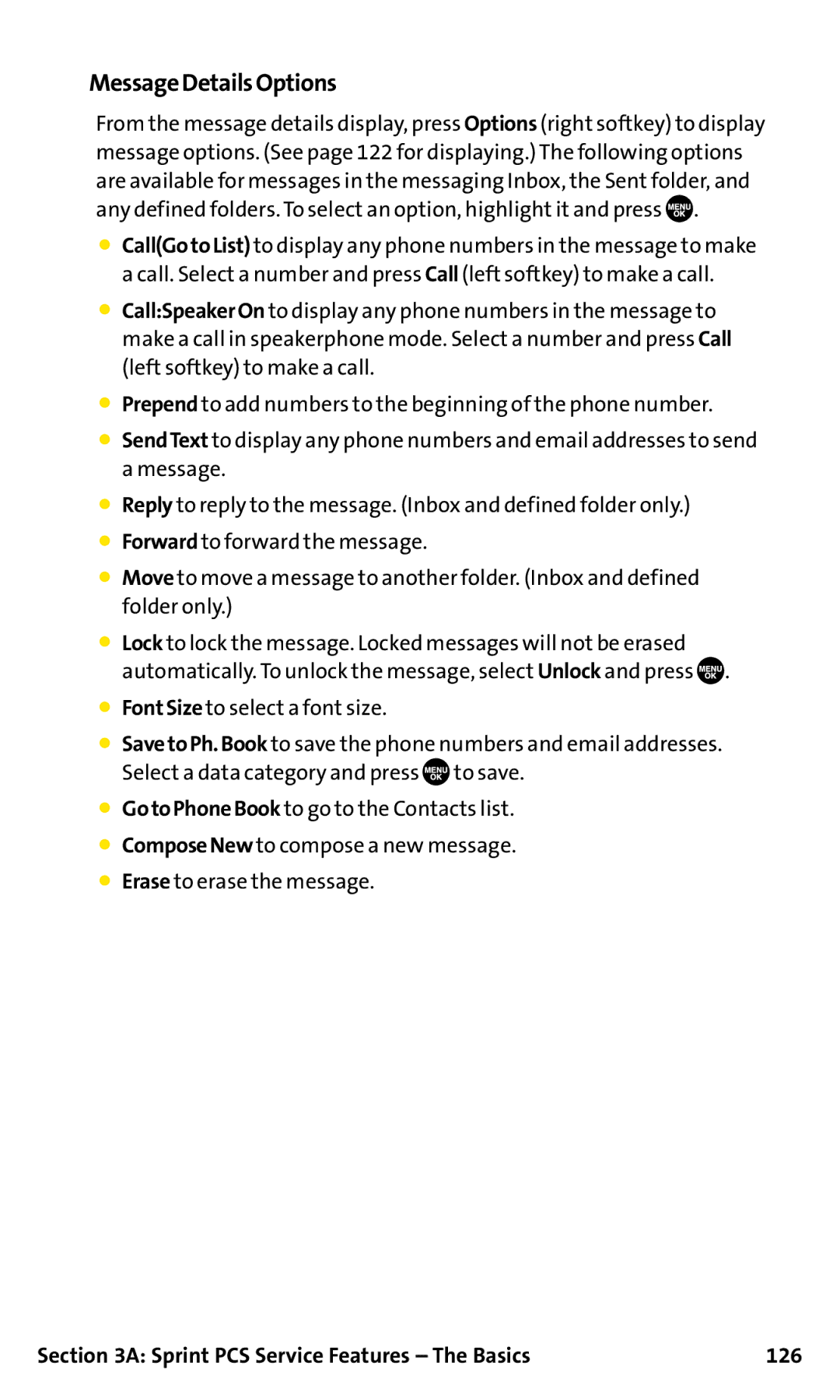 Sanyo SCP-200 manual MessageDetailsOptions, Sprint PCS Service Features The Basics 126 