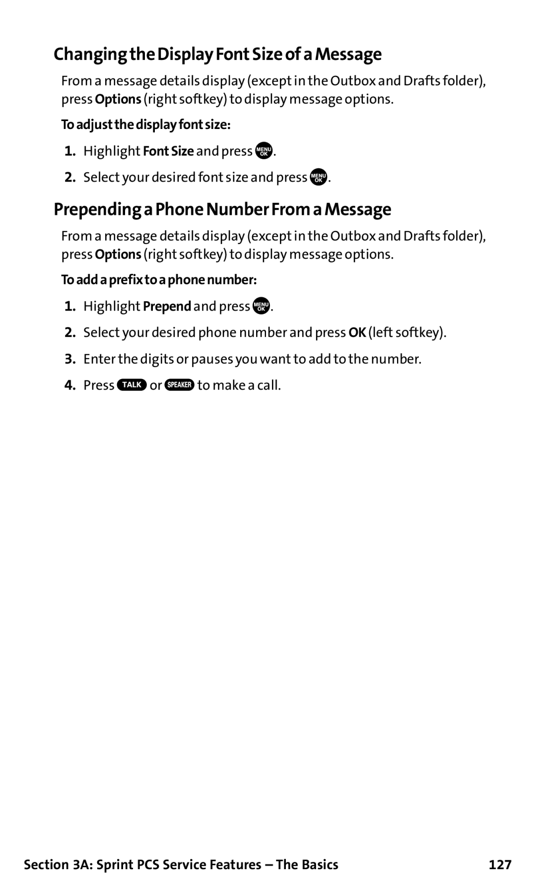 Sanyo SCP-200 manual Changing the Display FontSize of a Message, Prepending a Phone Number From a Message 