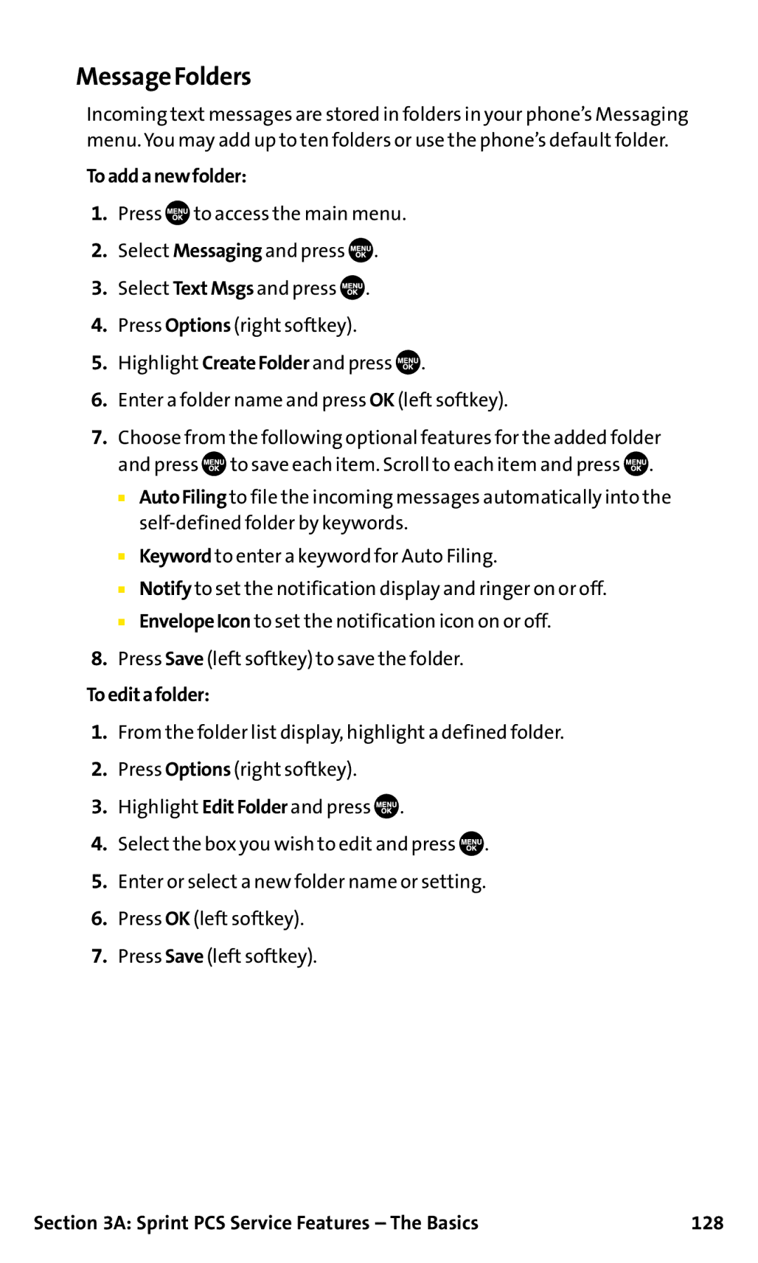 Sanyo SCP-200 manual Message Folders, Toaddanewfolder, Toeditafolder, Sprint PCS Service Features The Basics 128 