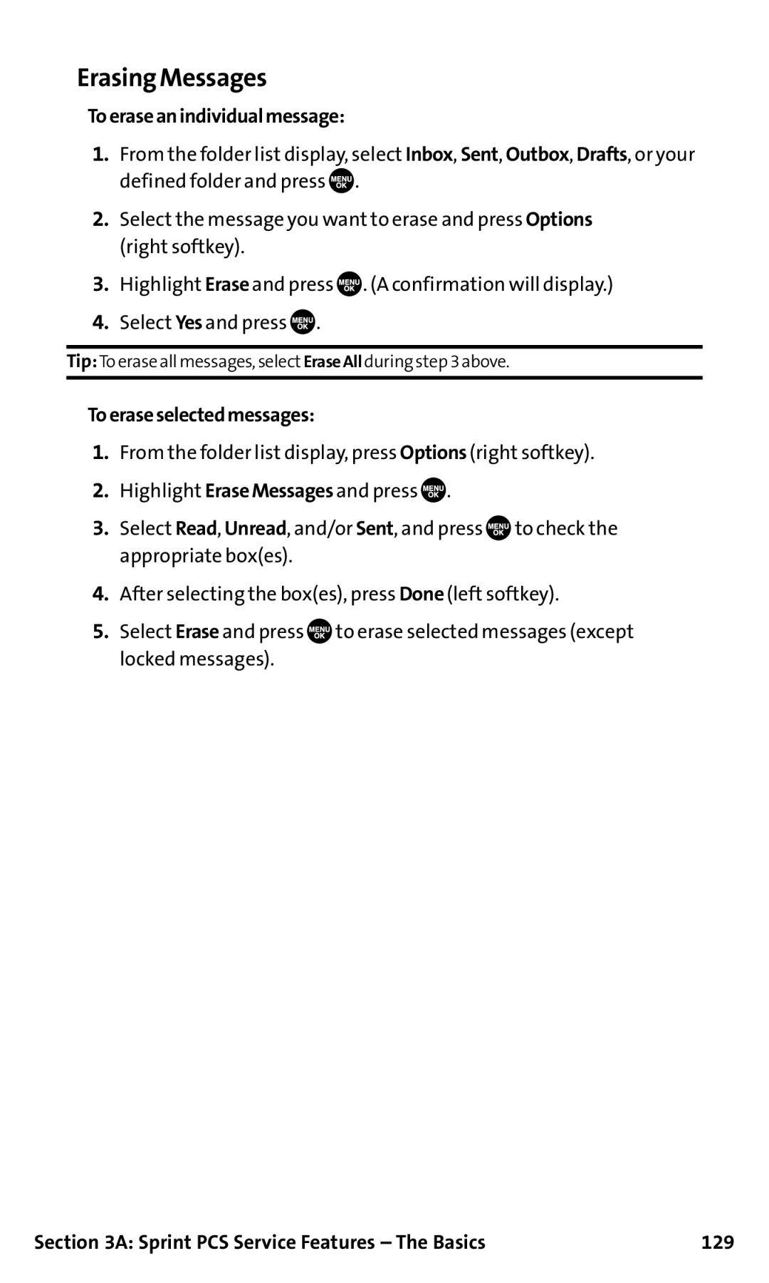 Sanyo SCP-200 manual Erasing Messages, Toeraseanindividualmessage, Toeraseselectedmessages 