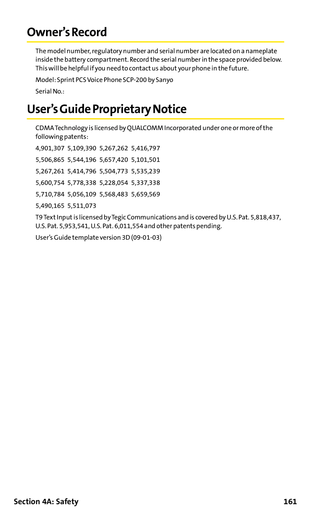 Sanyo SCP-200 manual Owner’s Record, User’s Guide Proprietary Notice, Safety 161 