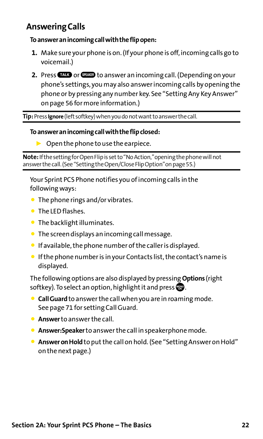 Sanyo SCP-200 manual Answering Calls, Toansweranincomingcallwiththeflipopen, Toansweranincomingcallwiththeflipclosed 