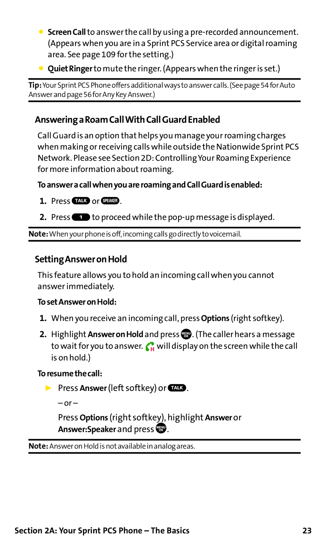 Sanyo SCP-200 manual AnsweringaRoamCallWithCallGuardEnabled, SettingAnsweronHold 