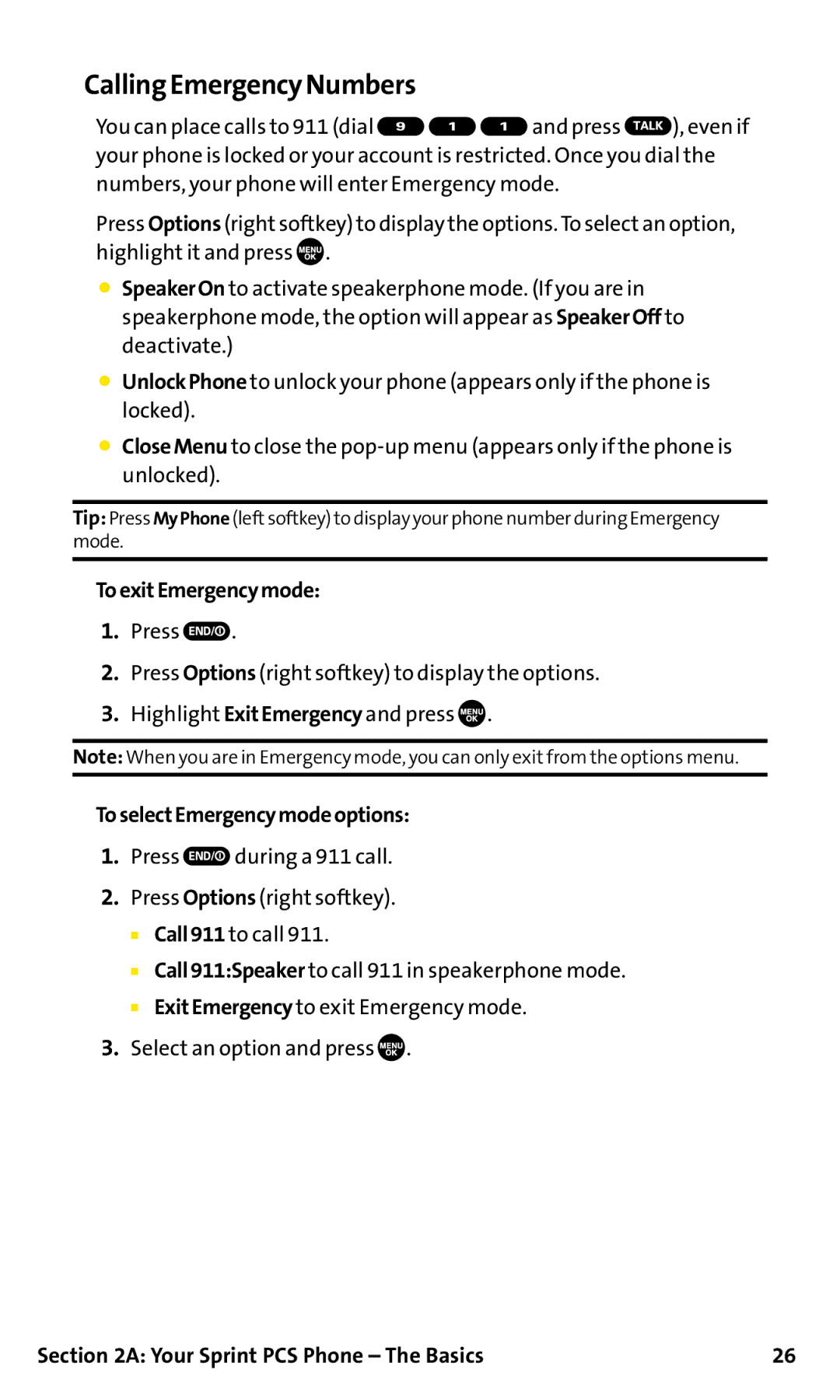 Sanyo SCP-200 manual Calling EmergencyNumbers, ToexitEmergencymode, ToselectEmergencymodeoptions 