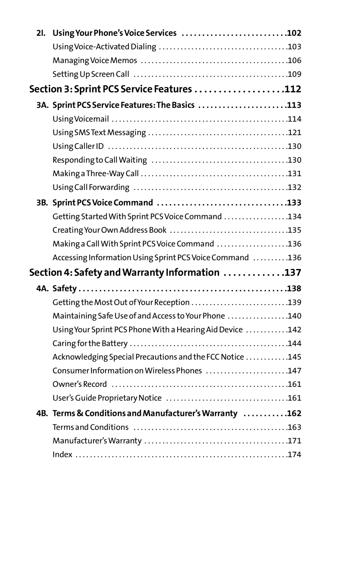 Sanyo SCP-200 manual 102, 3B. Sprint PCS Voice Command, 4A. Safety, 162 