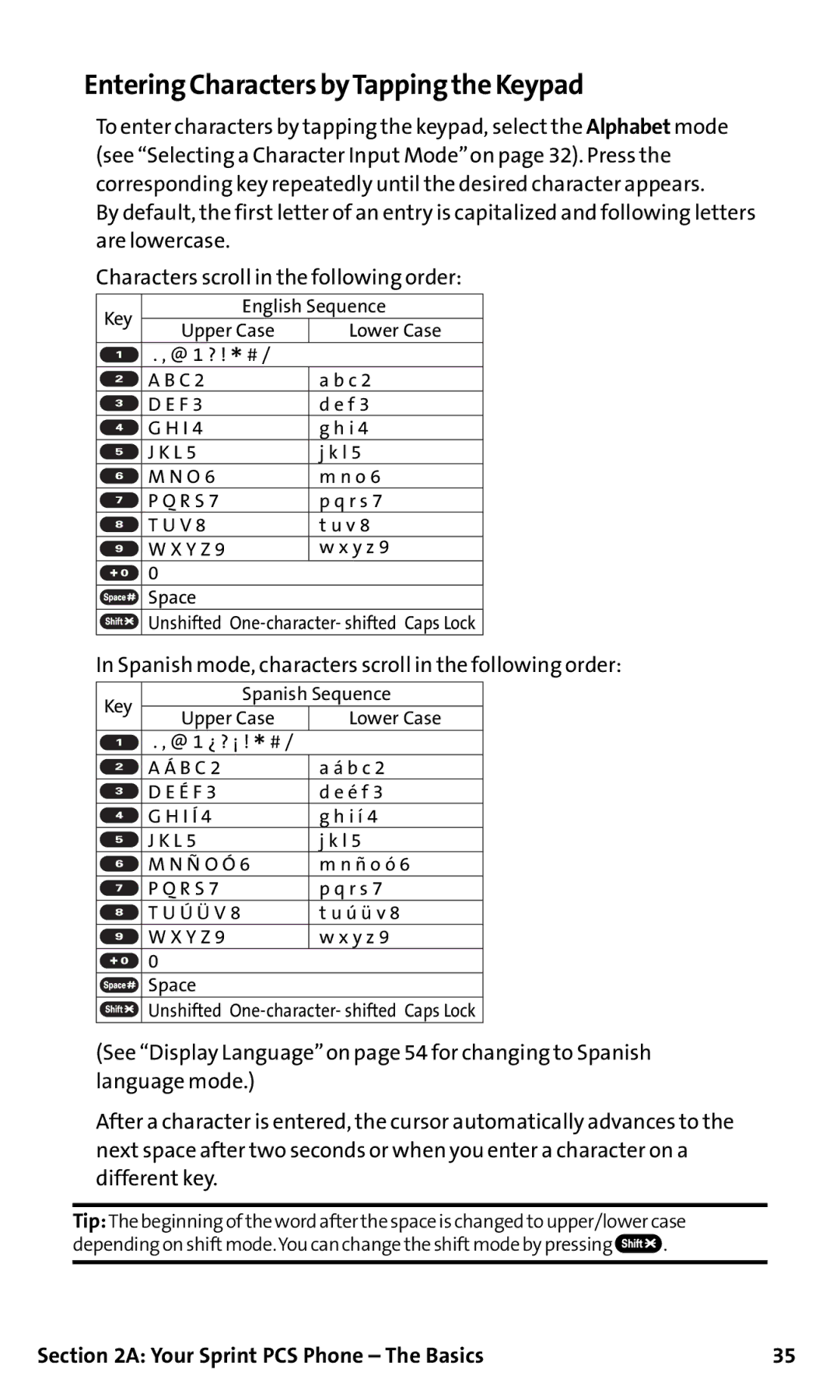 Sanyo SCP-200 manual Entering Characters byTapping the Keypad, Spanish mode, characters scroll in the following order 