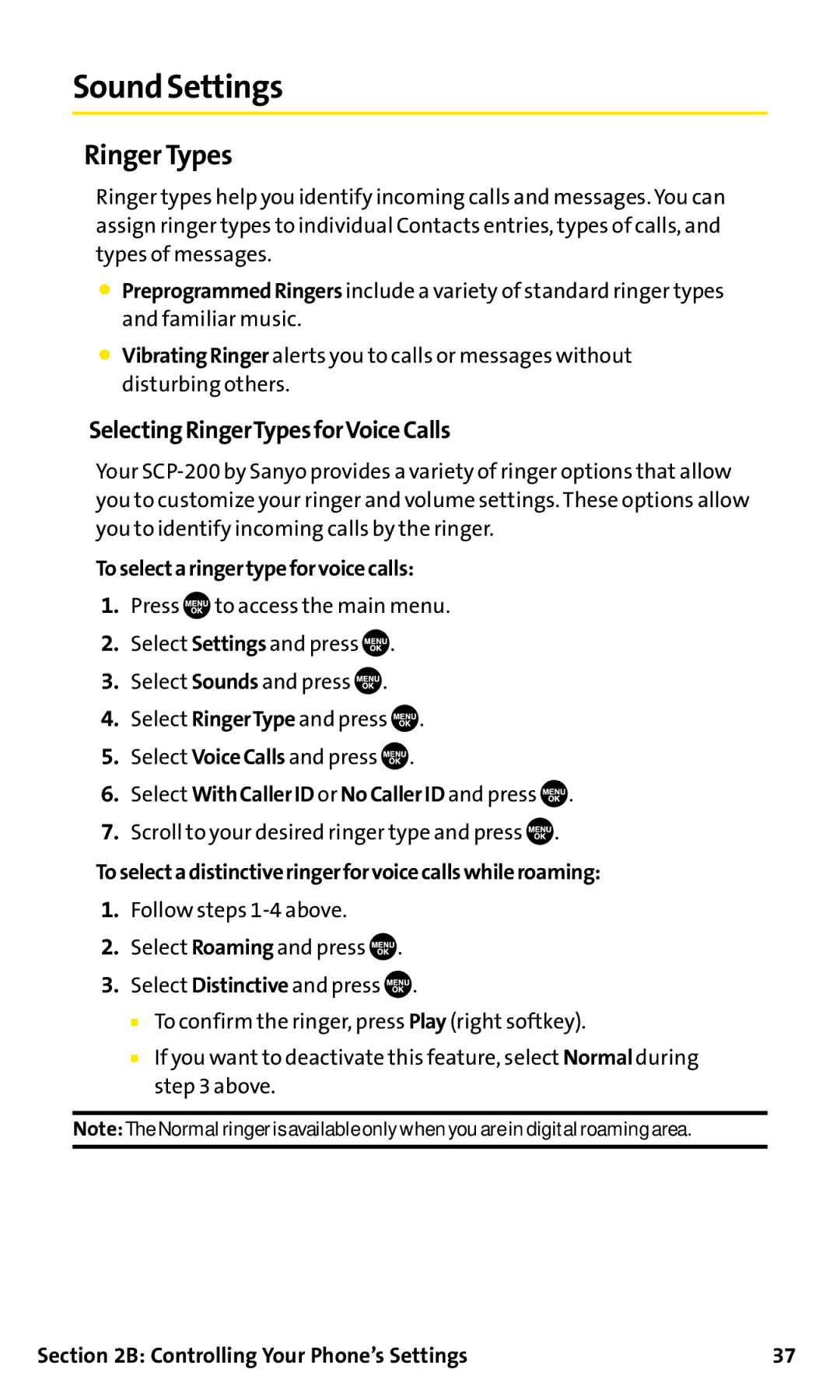 Sanyo SCP-200 manual Sound Settings, Ringer Types, SelectingRingerTypesforVoiceCalls 