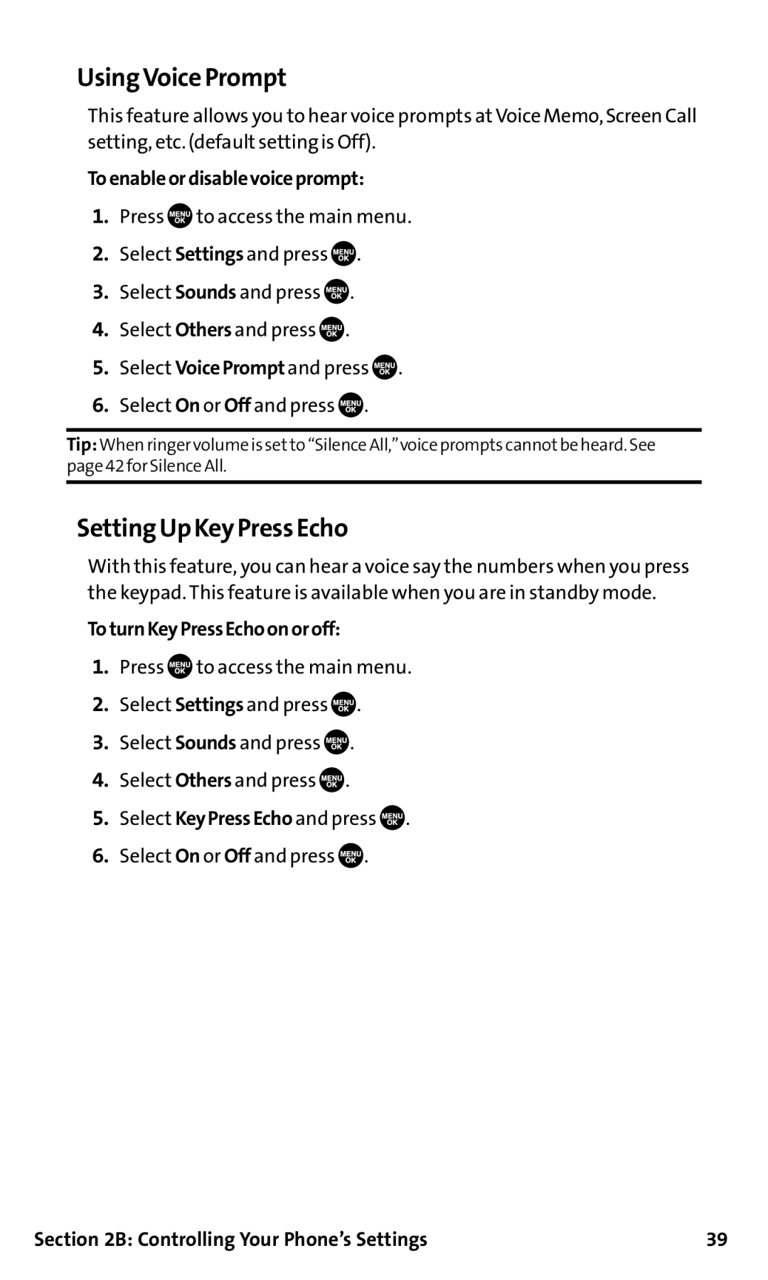 Sanyo SCP-200 manual Using Voice Prompt, Setting Up Key Press Echo, Toenableordisablevoiceprompt, ToturnKeyPressEchoonoroff 