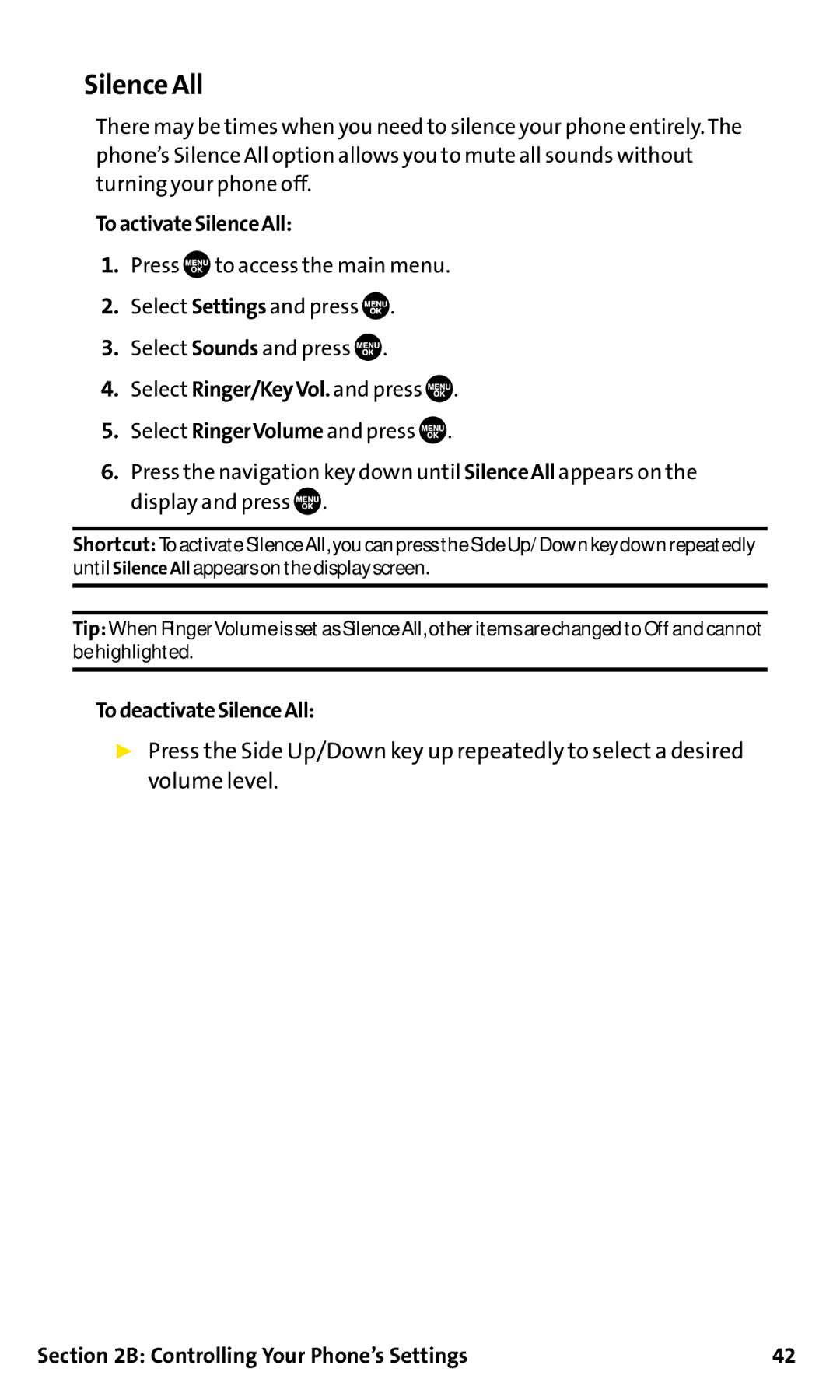 Sanyo SCP-200 manual Silence All, ToactivateSilenceAll, TodeactivateSilenceAll 