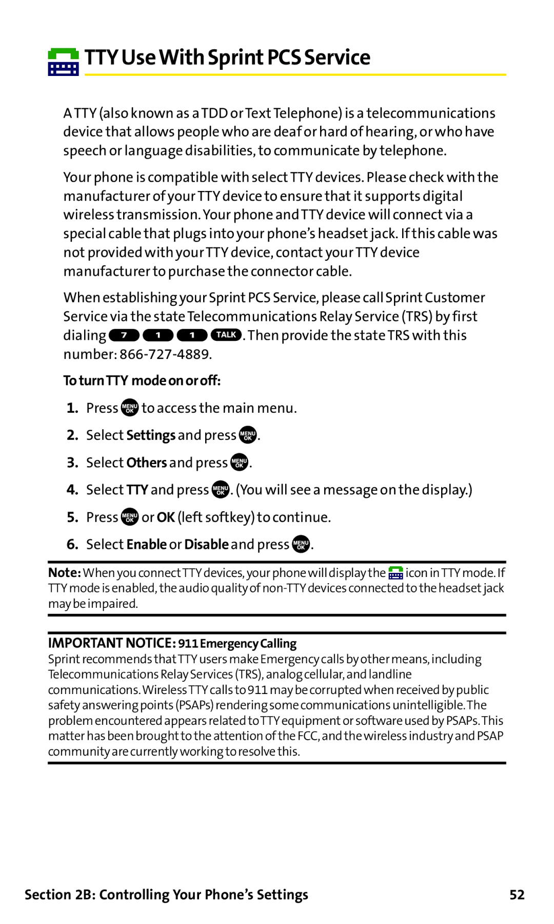 Sanyo SCP-200 manual TTYUseWith SprintPCS Service, ToturnTTY modeonoroff 