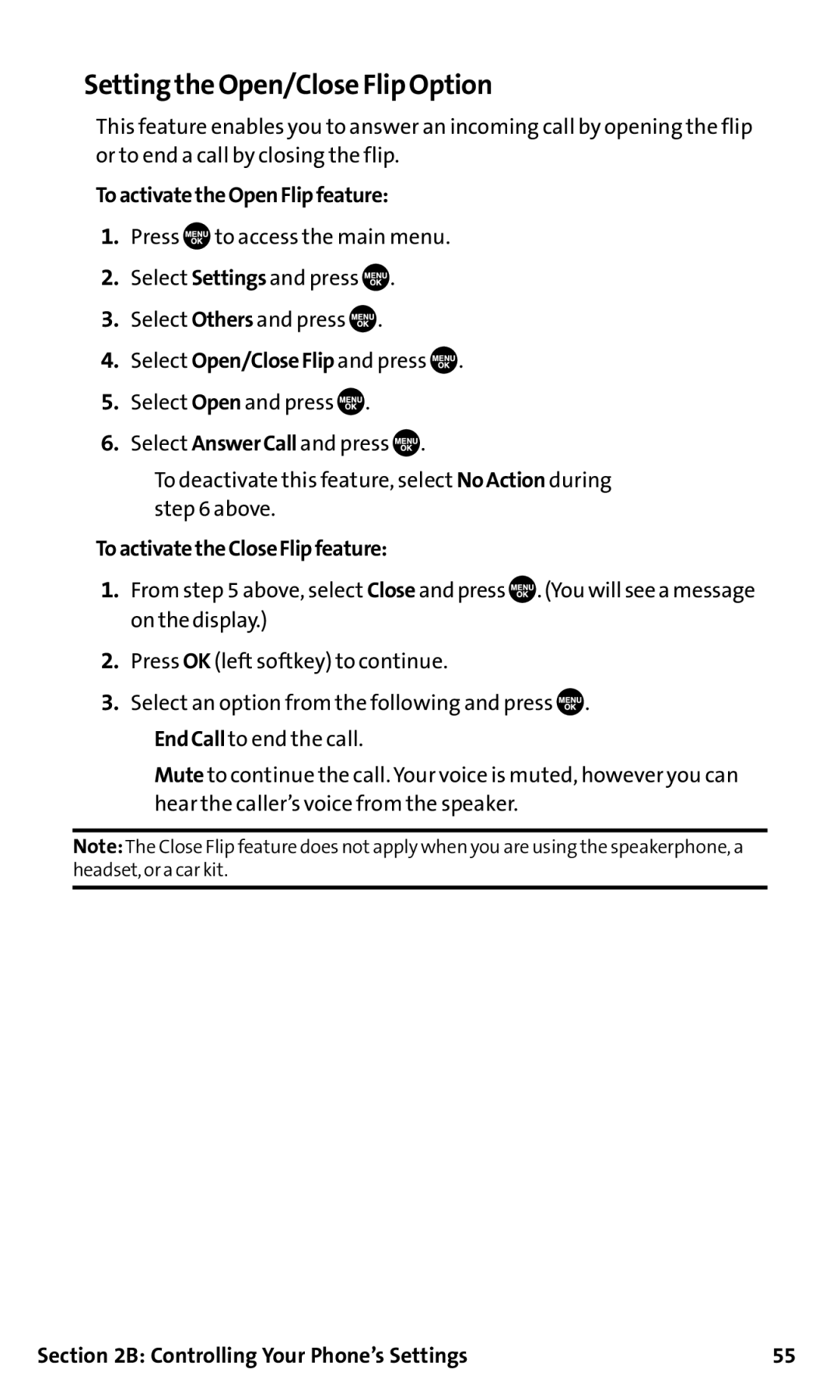 Sanyo SCP-200 manual Setting the Open/Close Flip Option, ToactivatetheOpenFlipfeature, ToactivatetheCloseFlipfeature 