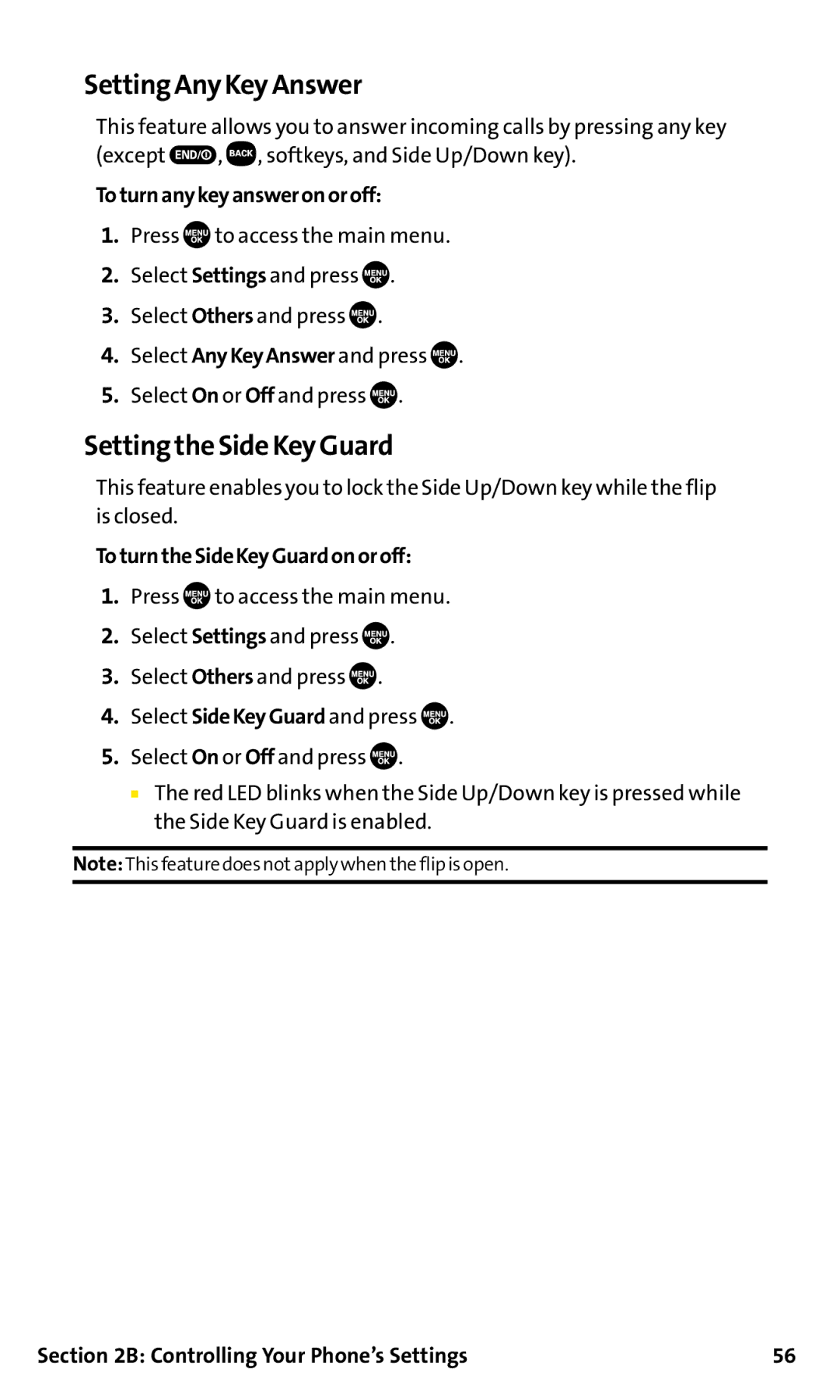 Sanyo SCP-200 Setting Any Key Answer, Setting the Side Key Guard, Toturnanykeyansweronoroff, ToturntheSideKeyGuardonoroff 