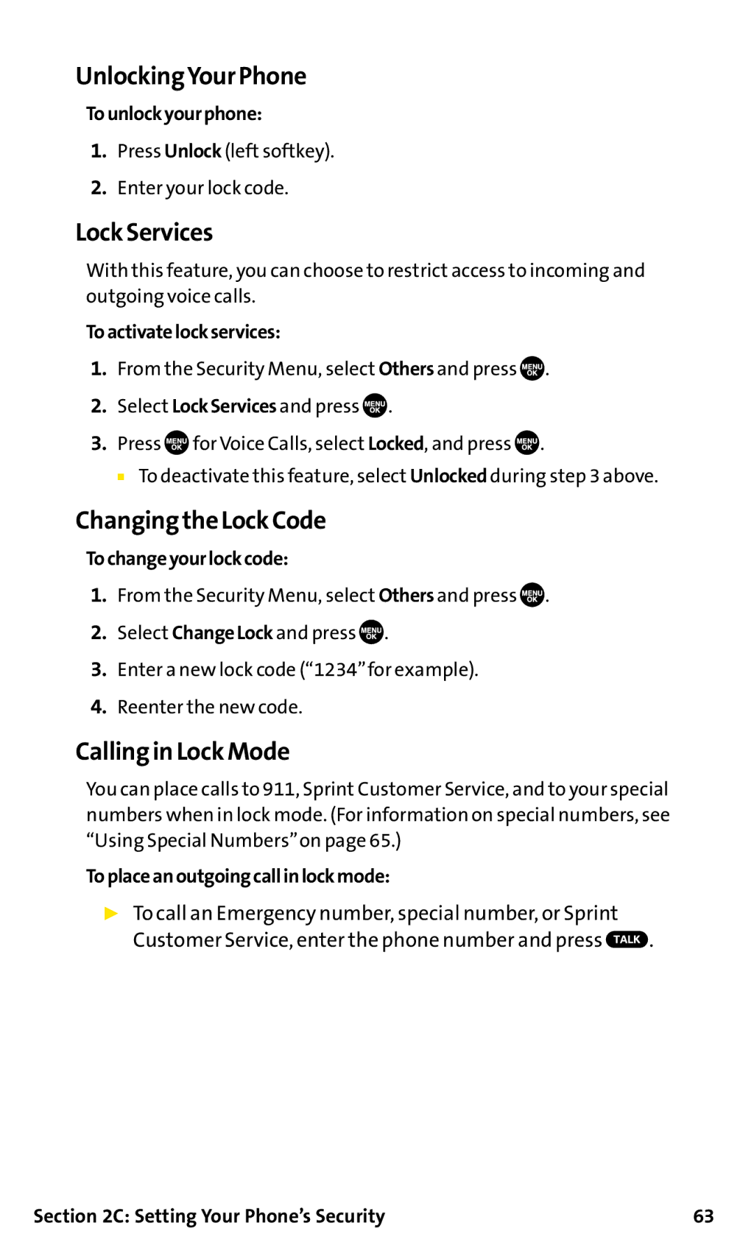 Sanyo SCP-200 manual UnlockingYour Phone, Lock Services, Changingthe Lock Code, Calling in Lock Mode 