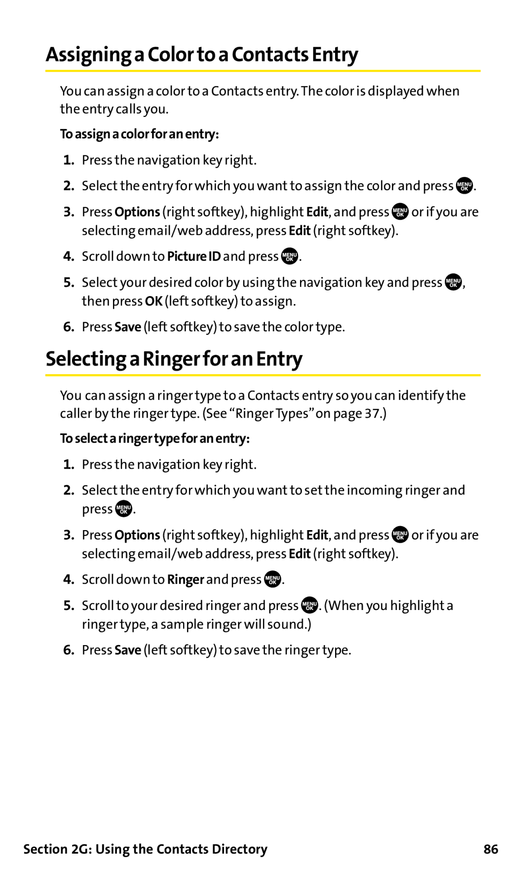 Sanyo SCP-200 manual Assigning a Color to a Contacts Entry, Selecting a Ringer for an Entry, Toassignacolorforanentry 