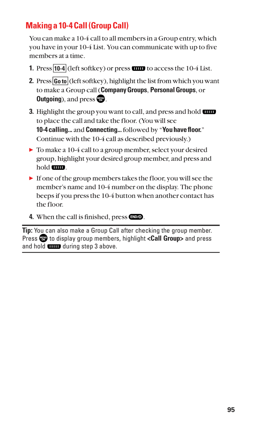 Sanyo SCP-2300 manual Making a 10-4 Call Group Call, To make a Group call Company Groups, Personal Groups, or 