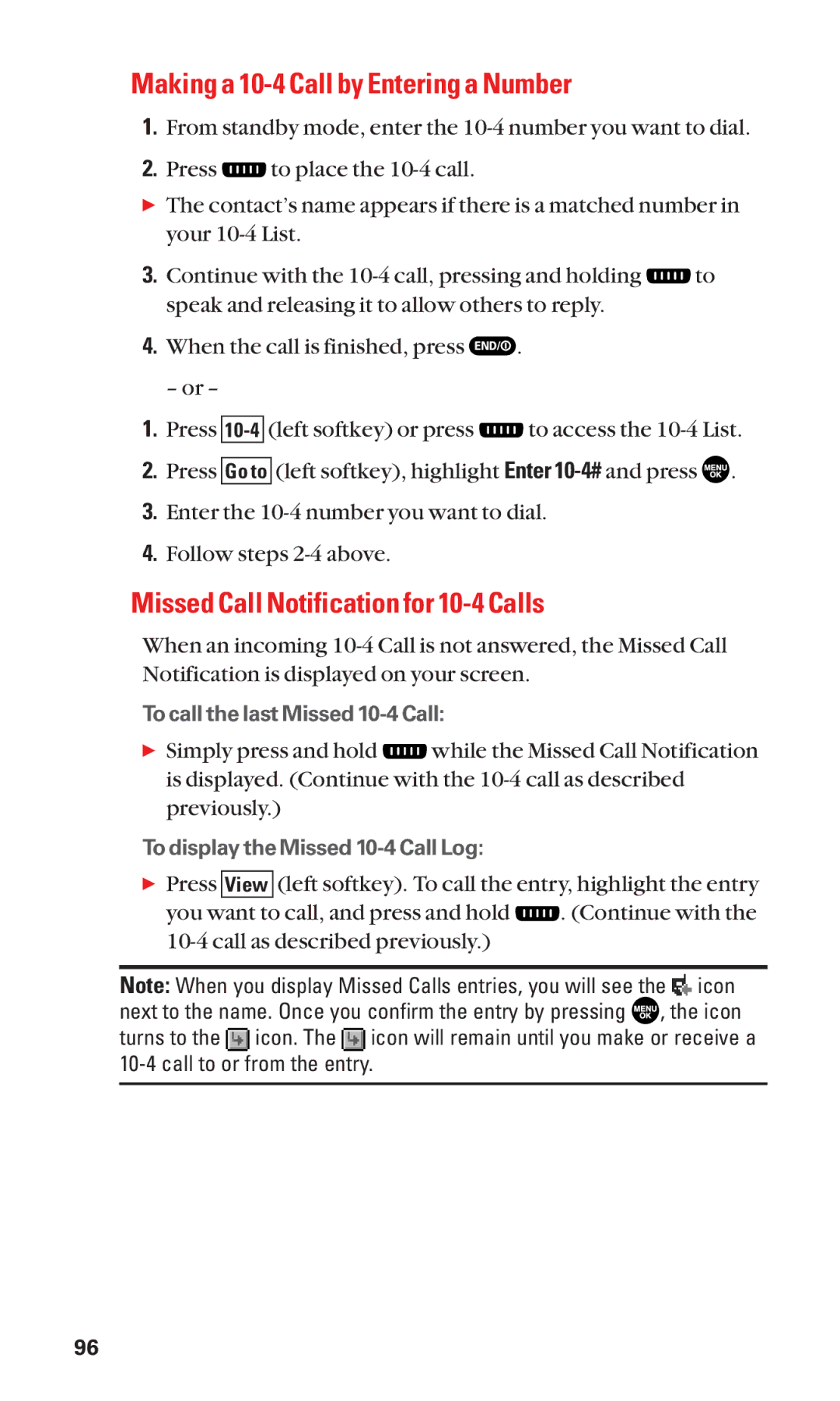 Sanyo SCP-2300 manual Making a 10-4 Call by Entering a Number, Missed Call Notification for 10-4 Calls 