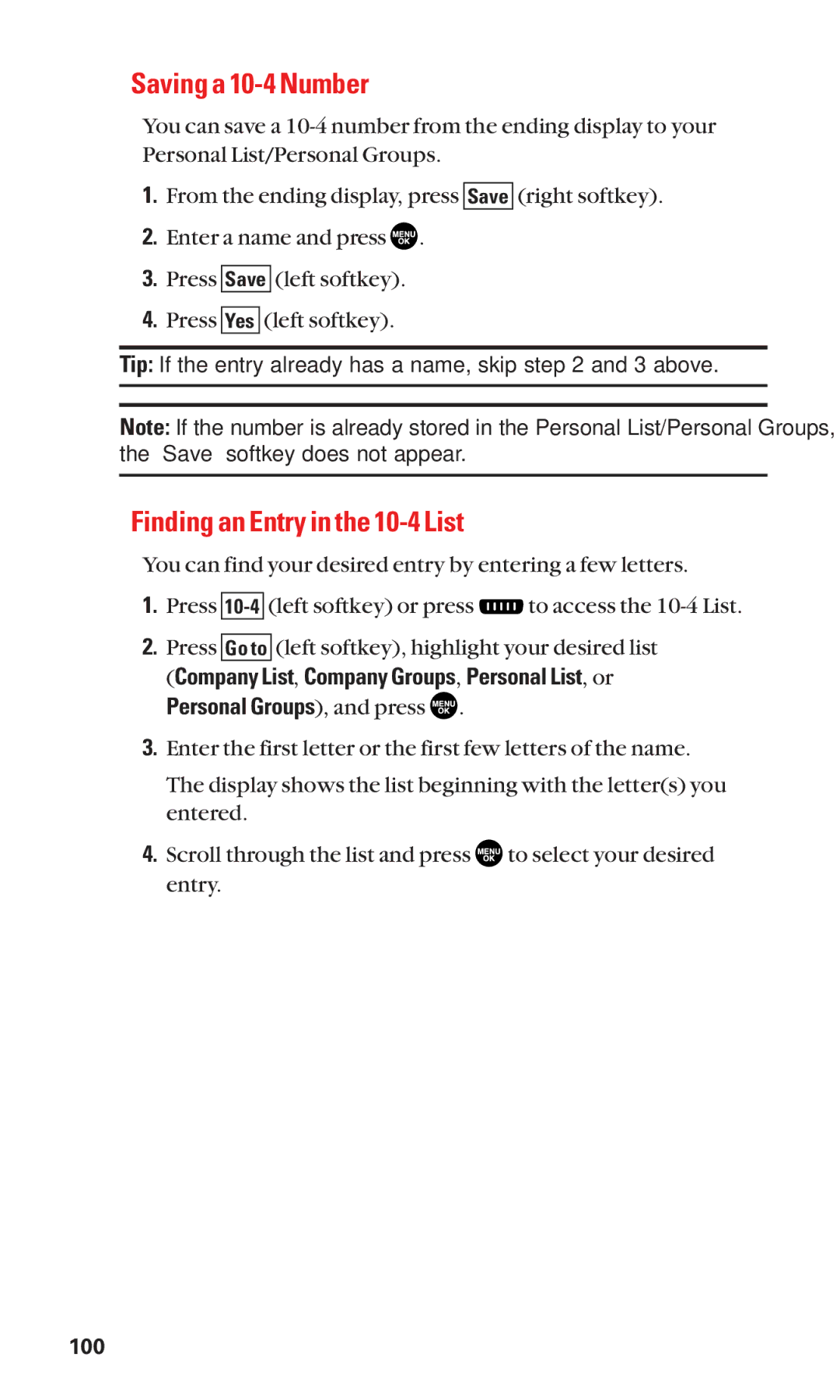 Sanyo SCP-2300 manual Saving a 10-4 Number, Finding an Entry in the 10-4 List 