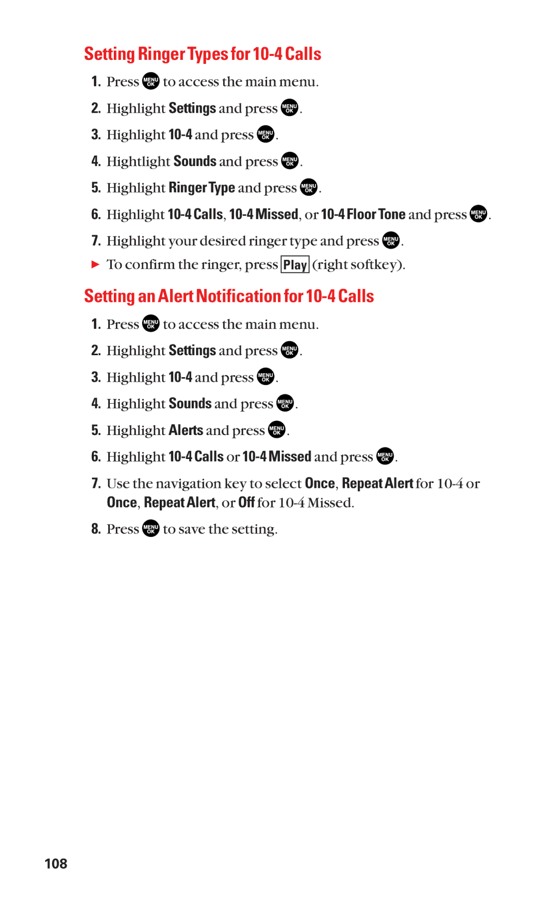 Sanyo SCP-2300 manual Setting Ringer Types for 10-4 Calls, Setting an Alert Notification for 10-4 Calls 