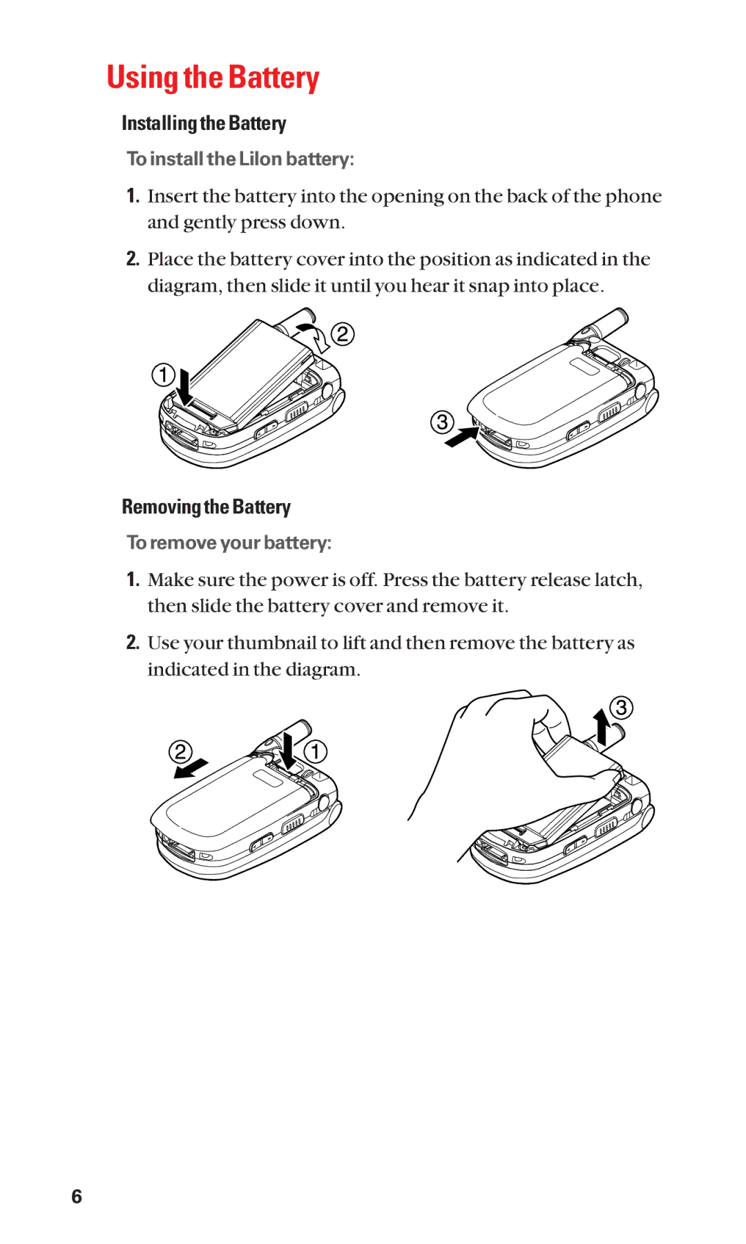 Sanyo SCP-2300 manual Using the Battery, Installing the Battery, Removing the Battery 