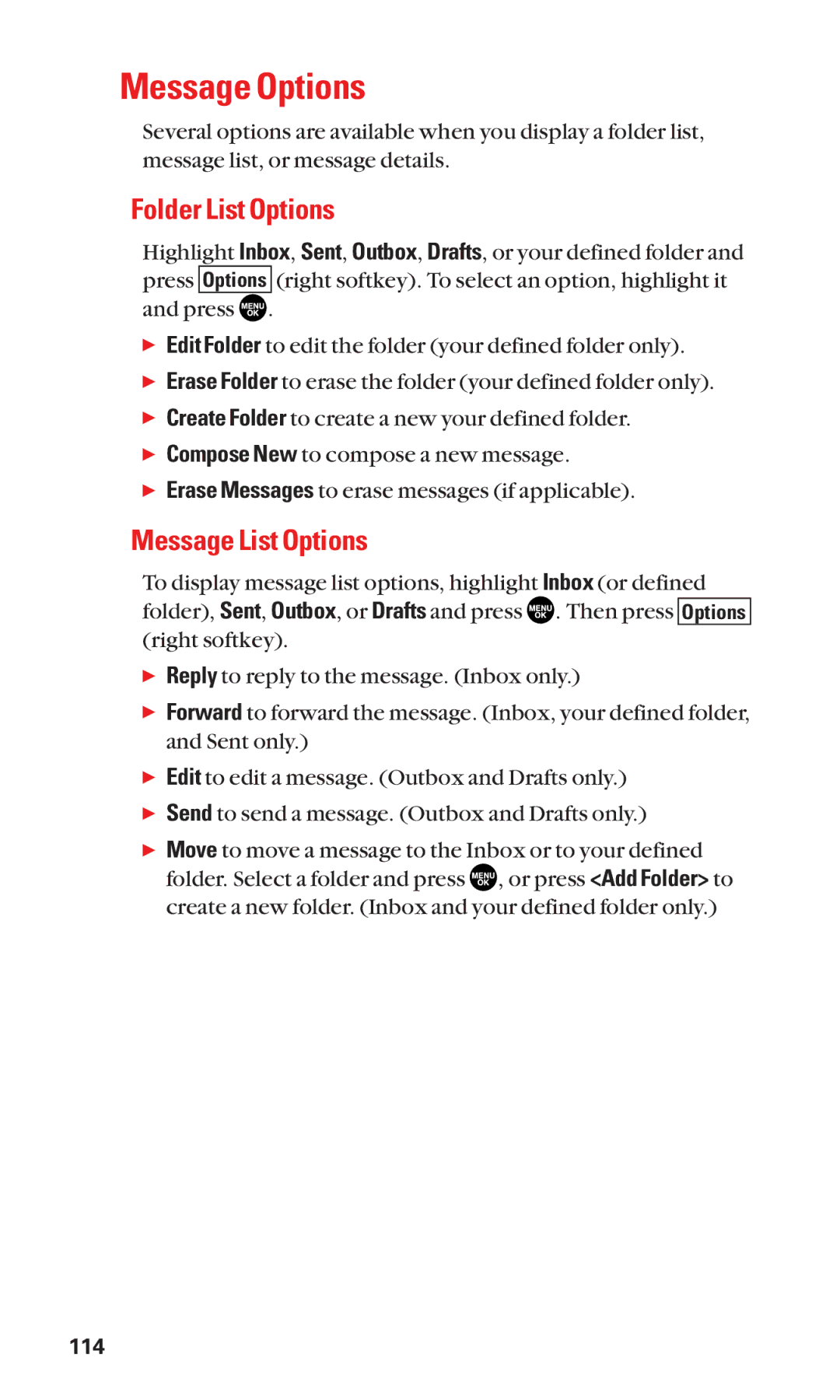 Sanyo SCP-2300 manual Message Options, Folder List Options, Message List Options 