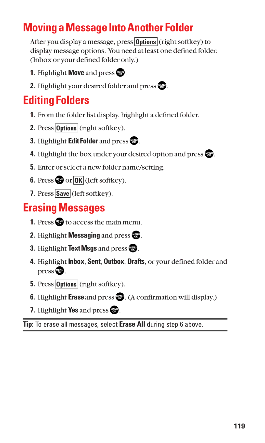 Sanyo SCP-2300 manual Moving a Message Into Another Folder, Editing Folders, Erasing Messages 