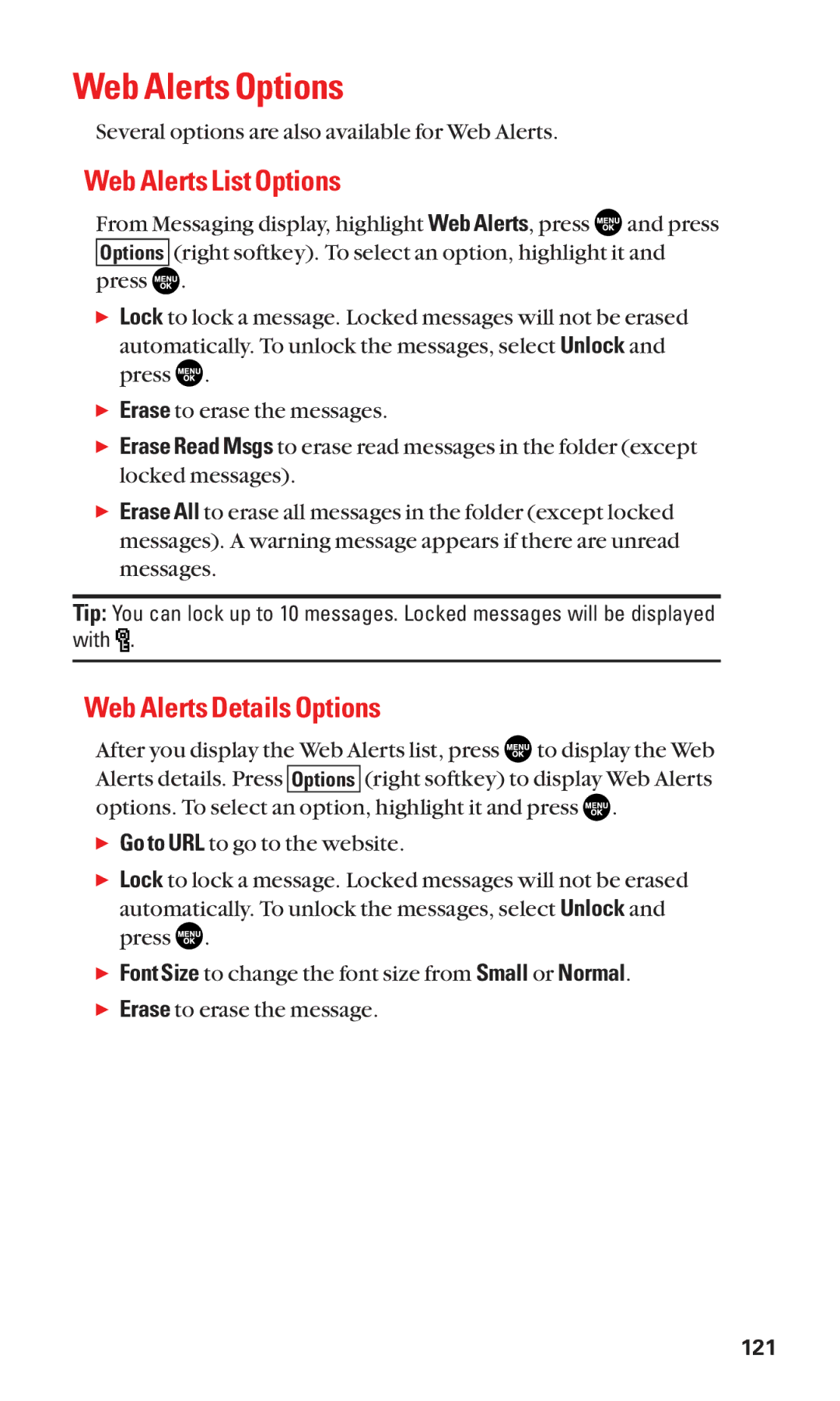 Sanyo SCP-2300 manual Web Alerts Options, Web Alerts List Options, Web Alerts Details Options 