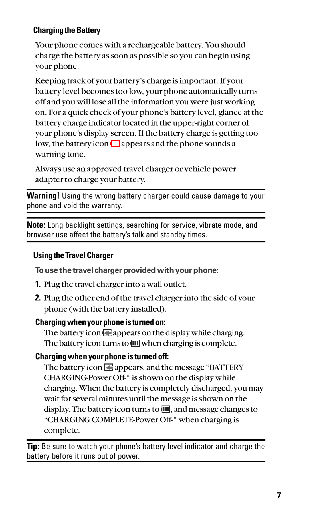 Sanyo SCP-2300 manual Charging the Battery, Using the Travel Charger, Charging when your phone is turned on 