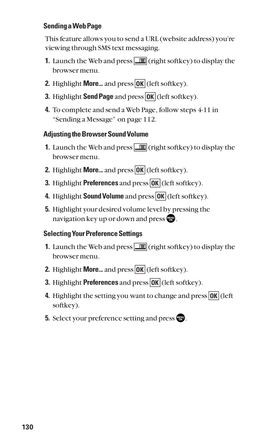 Sanyo SCP-2300 manual Sending a Web, Adjusting the Browser Sound Volume, Selecting Your Preference Settings 