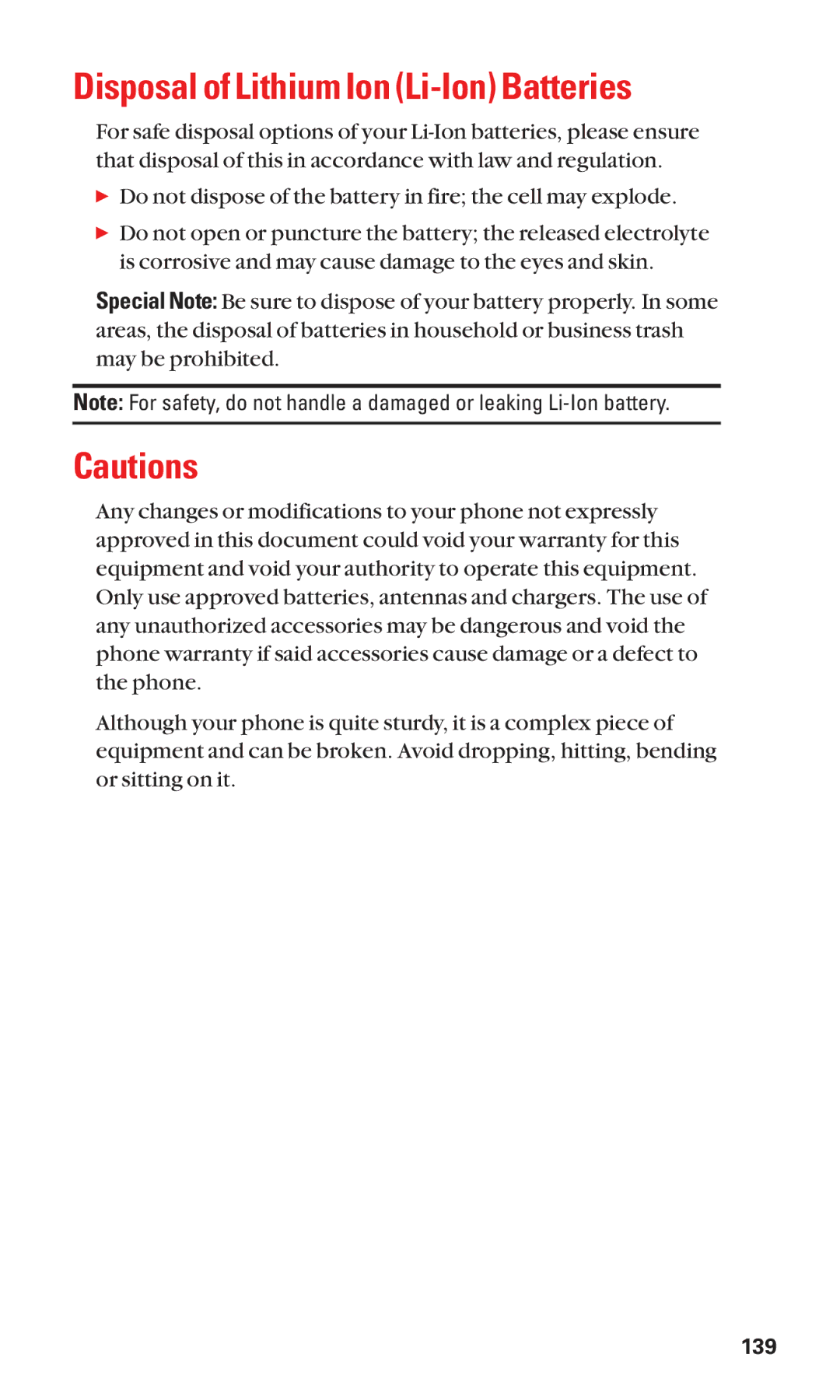 Sanyo SCP-2300 manual Disposal of Lithium Ion Li-Ion Batteries, 139 