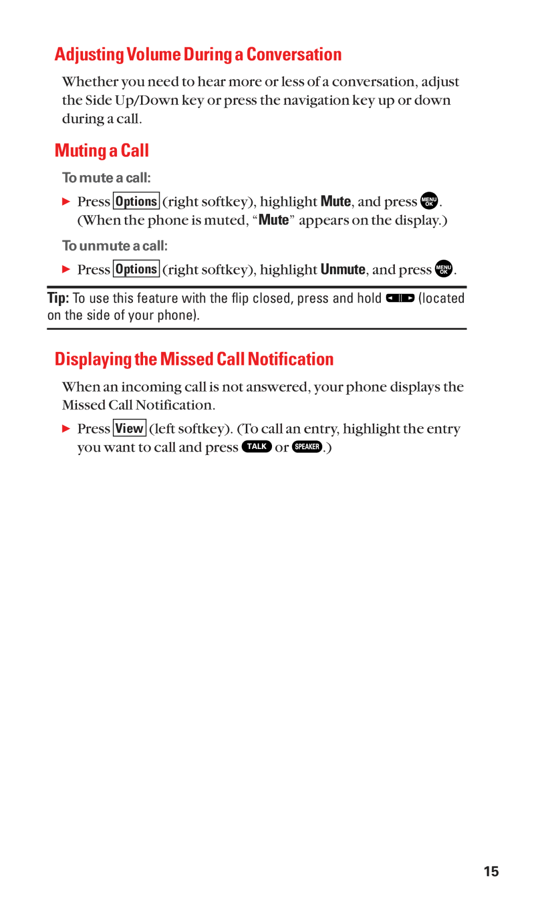 Sanyo SCP-2300 manual Adjusting Volume During a Conversation, Muting a Call, Displaying the Missed Call Notification 