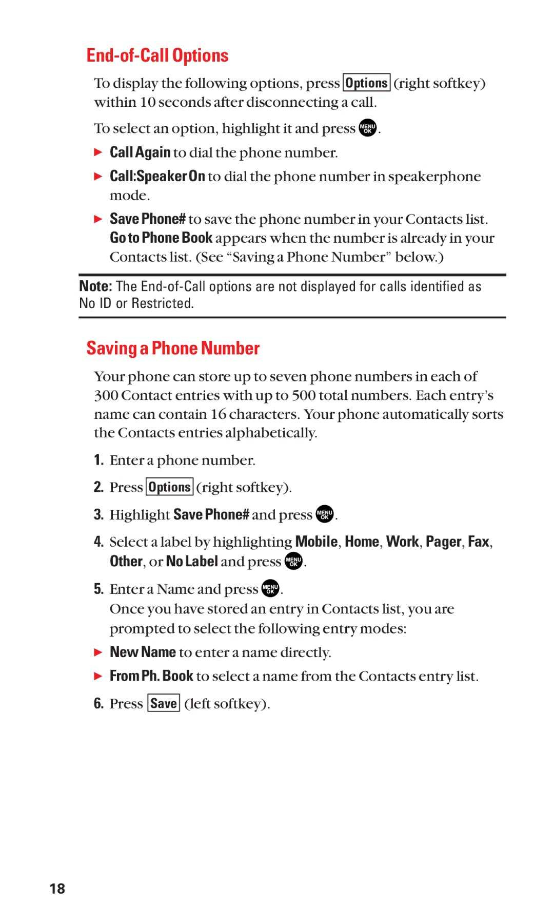 Sanyo SCP-2300 manual End-of-Call Options, Saving a Phone Number 