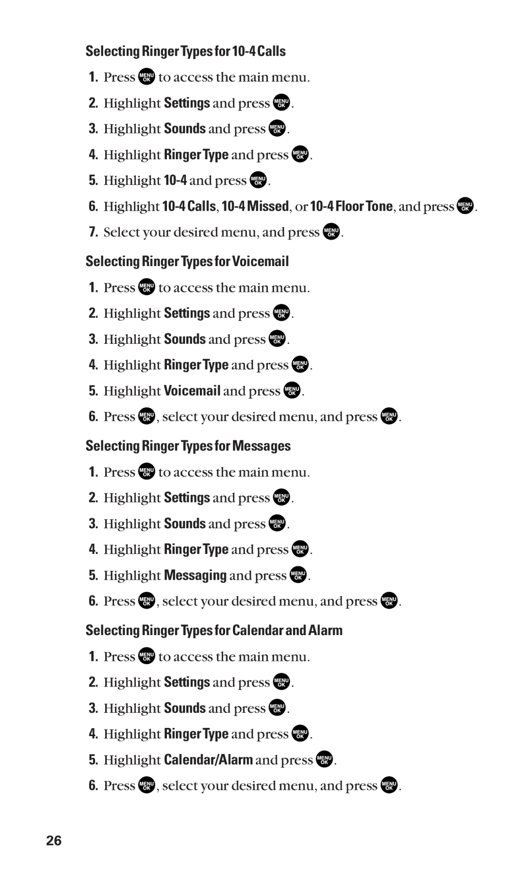 Sanyo SCP-2300 manual Selecting Ringer Types for 10-4 Calls, Selecting Ringer Types for Voicemail 