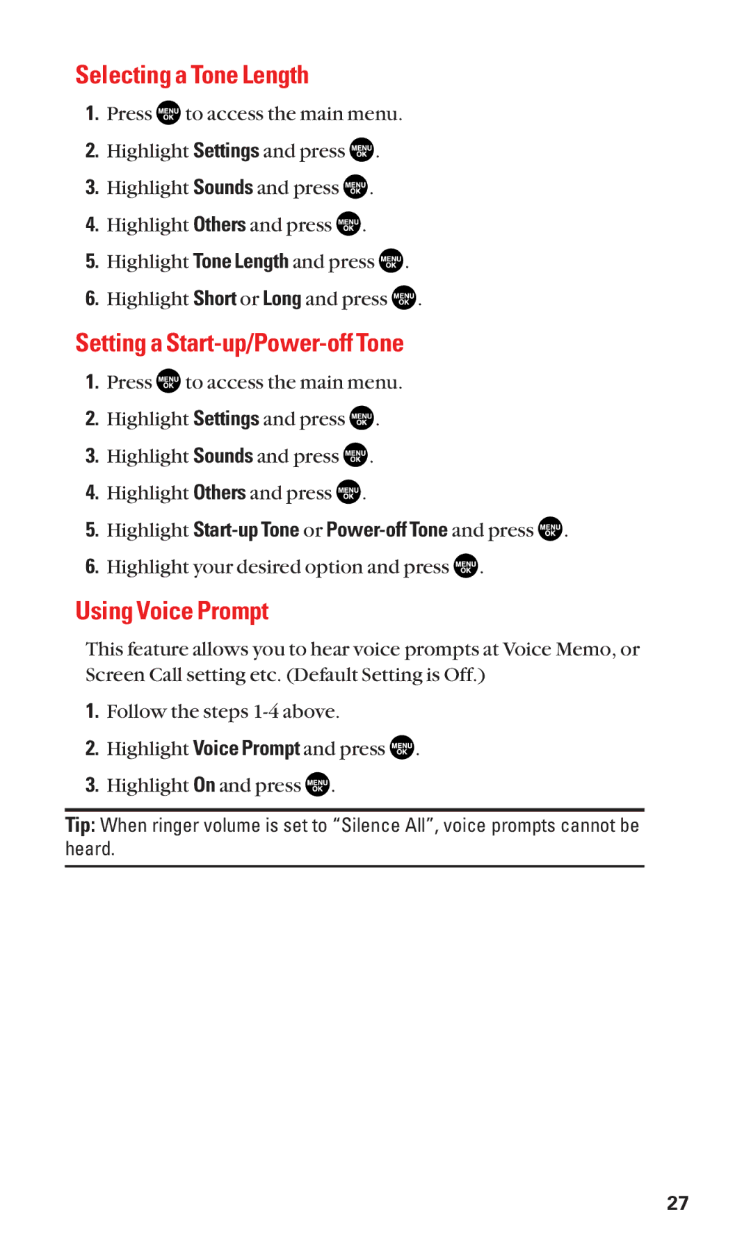 Sanyo SCP-2300 manual Selecting a Tone Length, Setting a Start-up/Power-off Tone, Using Voice Prompt 