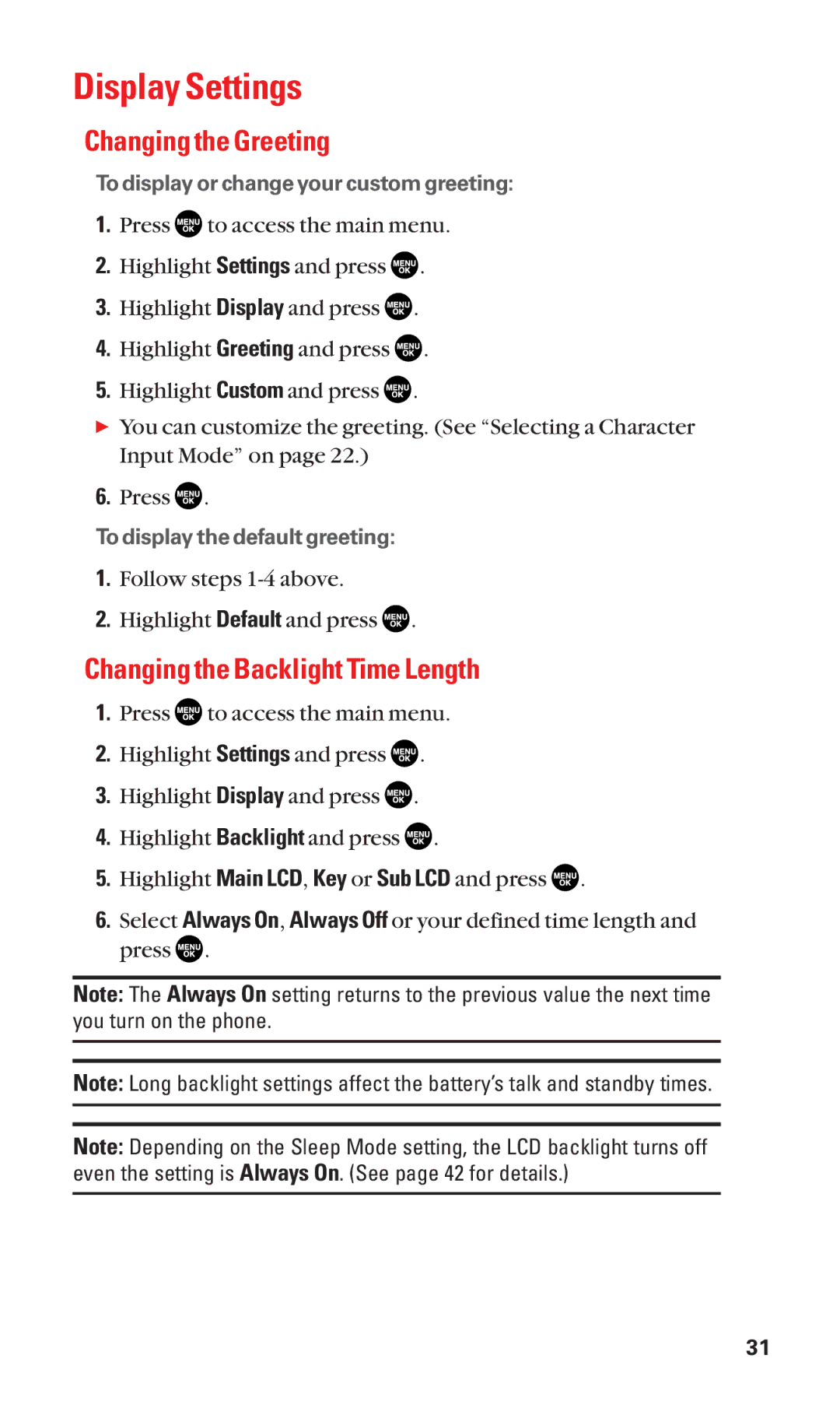 Sanyo SCP-2300 manual Display Settings, Changing the Greeting, Changing the Backlight Time Length 