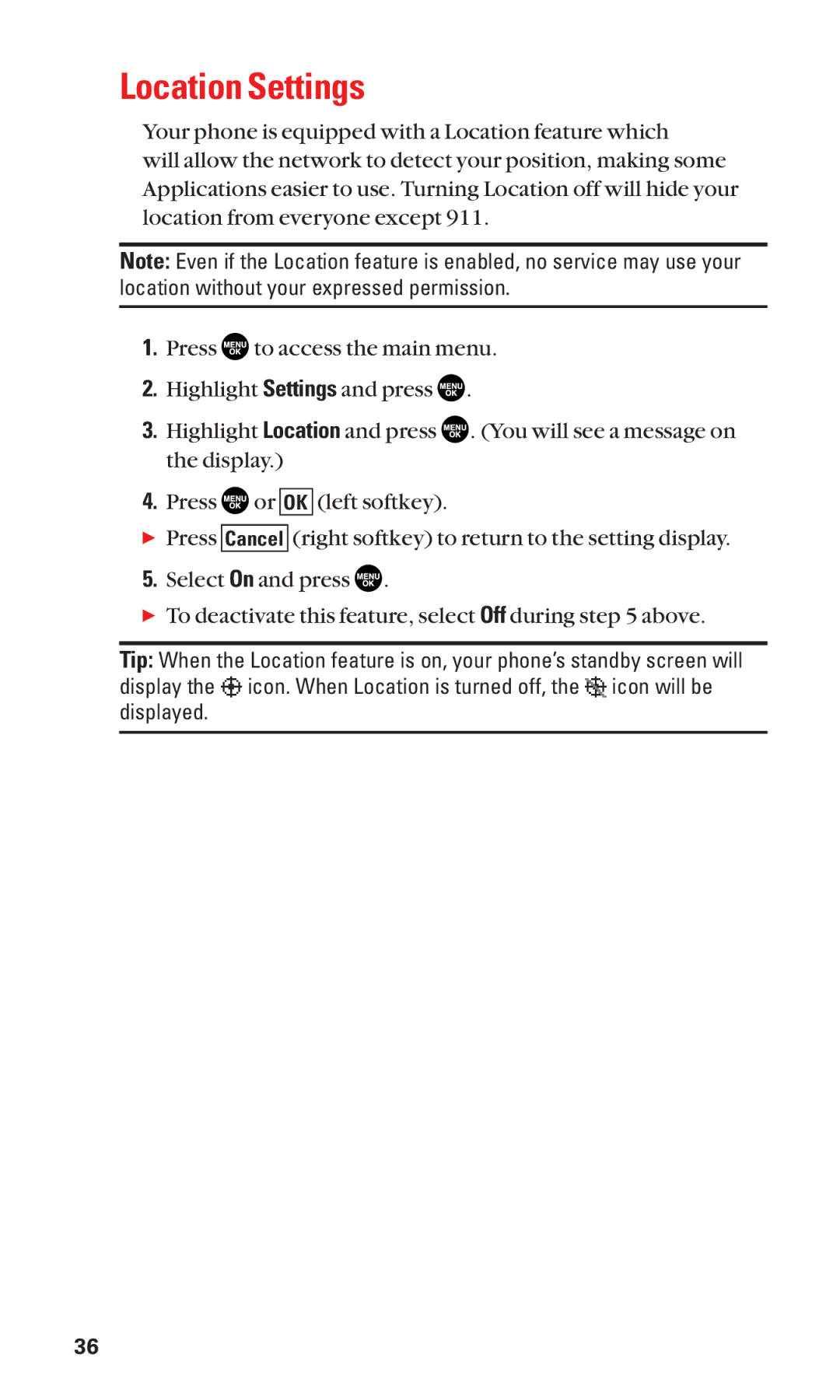 Sanyo SCP-2300 manual Location Settings 