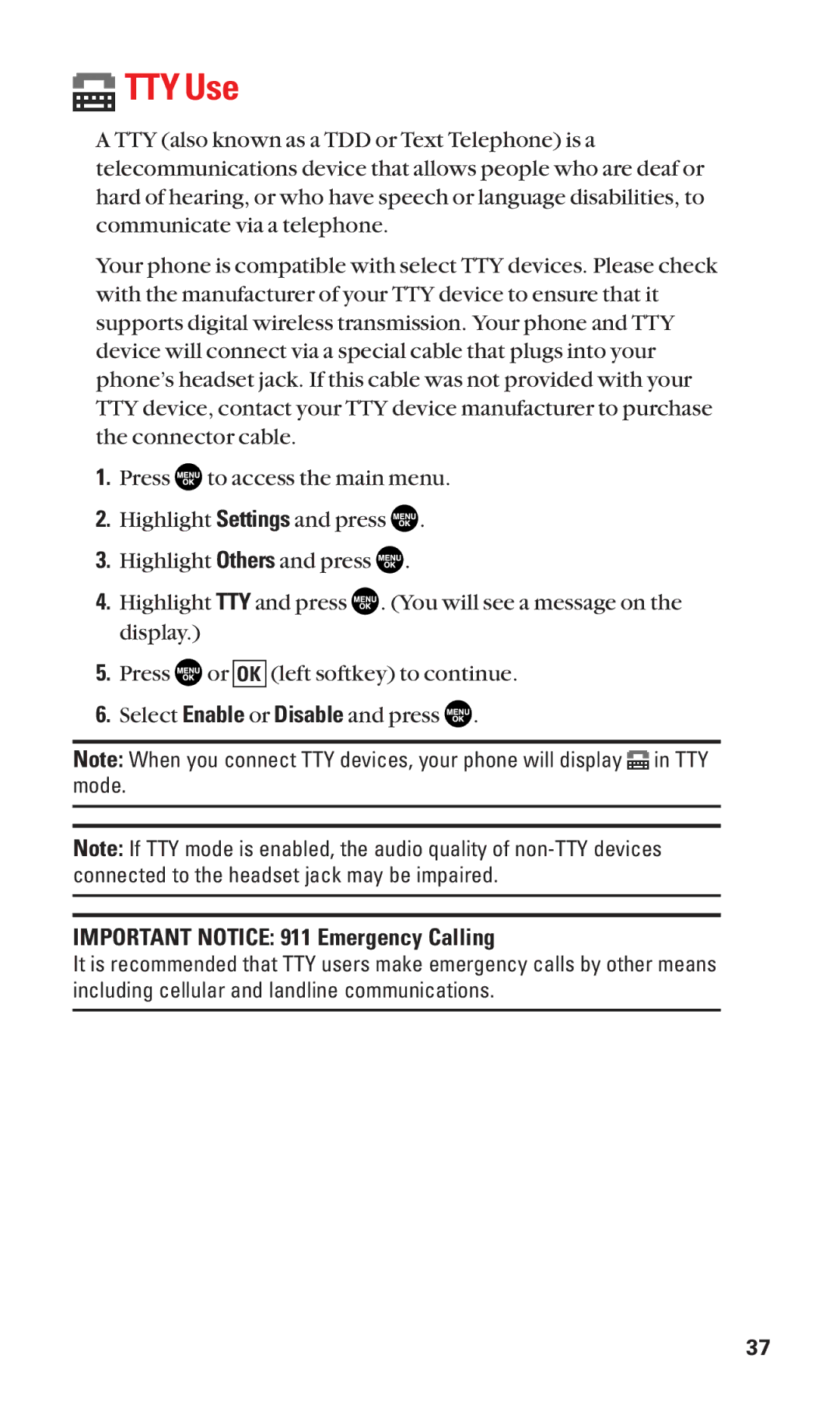 Sanyo SCP-2300 manual TTY Use, Important Notice 911 Emergency Calling 