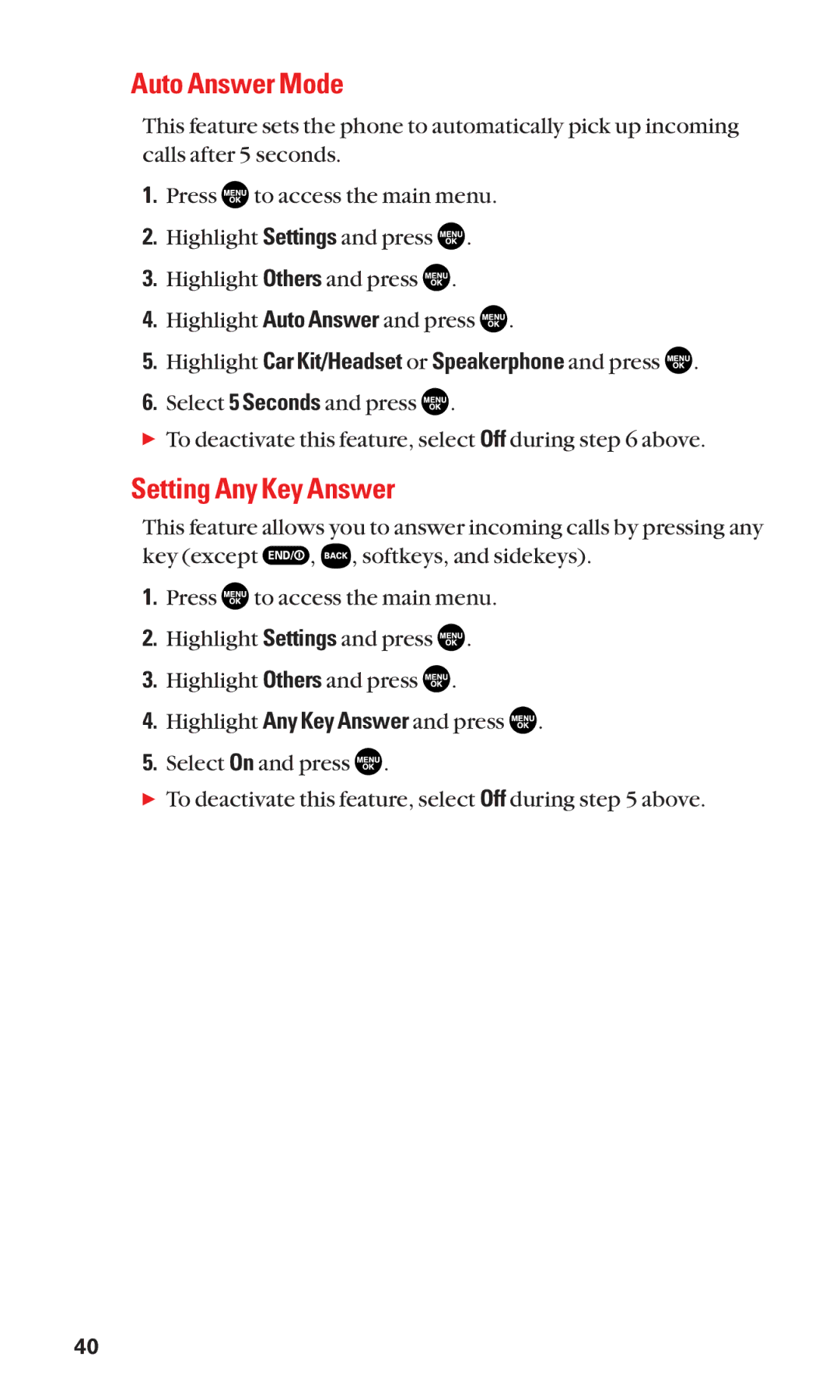 Sanyo SCP-2300 manual Auto Answer Mode, Setting Any Key Answer, Highlight Car Kit/Headset or Speakerphone and press 