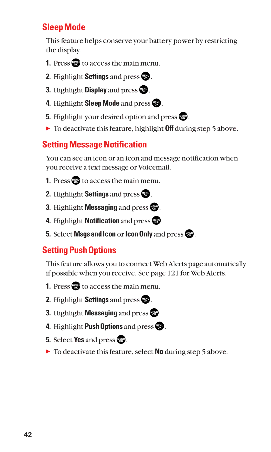 Sanyo SCP-2300 Sleep Mode, Setting Message Notification, Setting Push Options, Select Msgs and Icon or Icon Only and press 